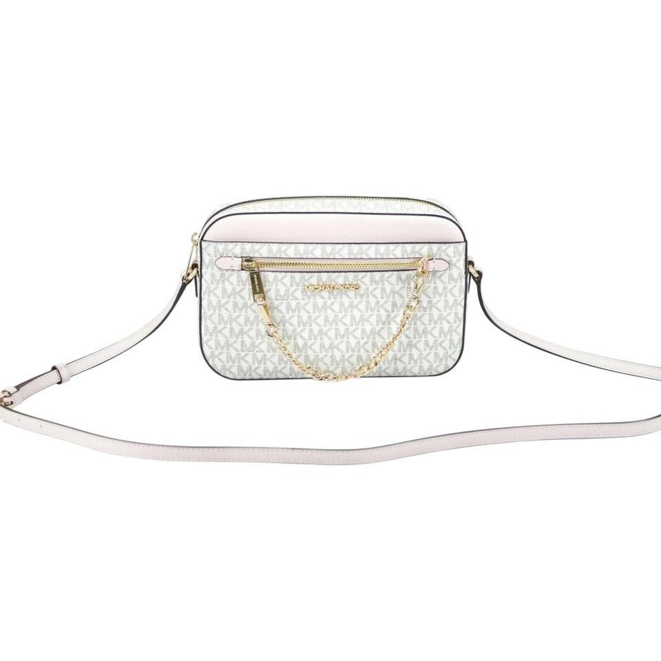 Jet Set Item Large East West Signature Leather Zip Chain Crossbody Handbag (Vanilla PVC/Powder Blush)