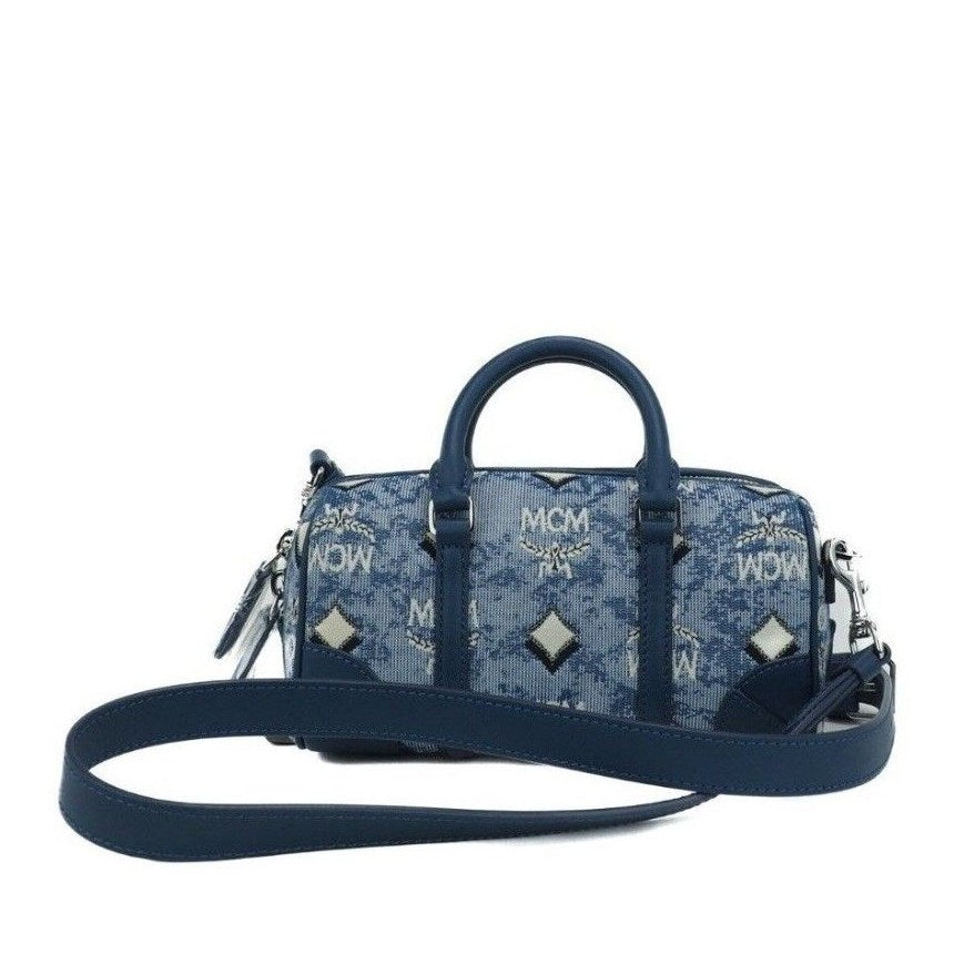 Boston Mini Blue Vintage Jacquard Logo Fabric Satchel Crossbody Handbag