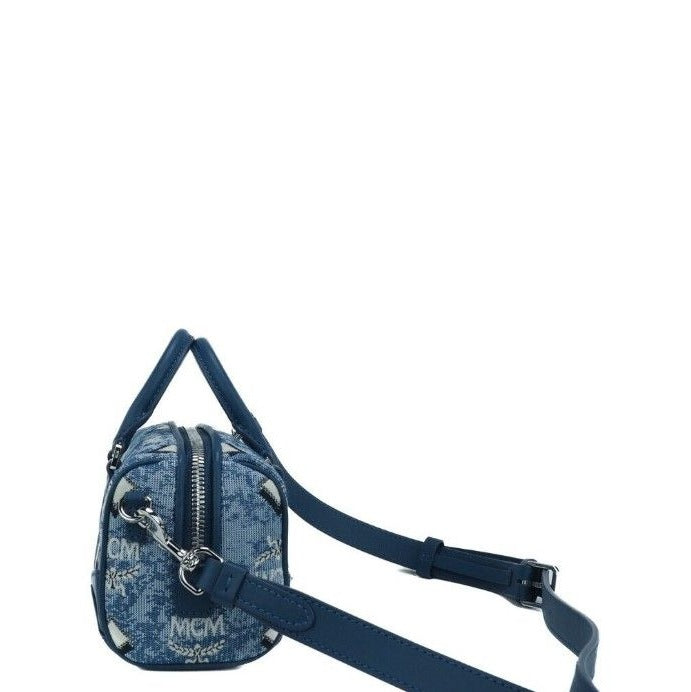 Boston Mini Blue Vintage Jacquard Logo Fabric Satchel Crossbody Handbag