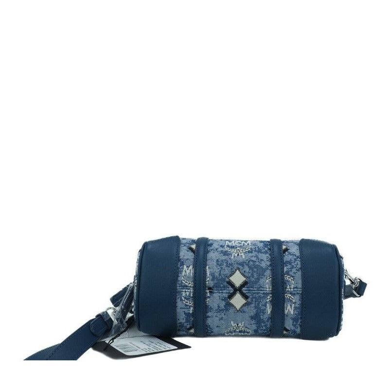 Boston Mini Blue Vintage Jacquard Logo Fabric Satchel Crossbody Handbag