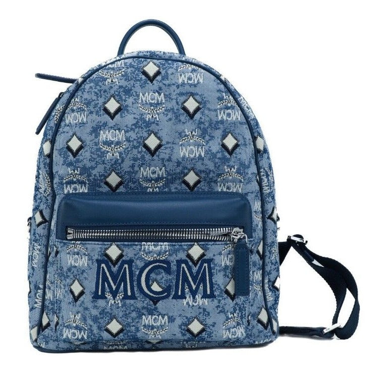 Stark Small Blue Vintage Jacquard Monogram Logo Fabric Backpack Bookbag