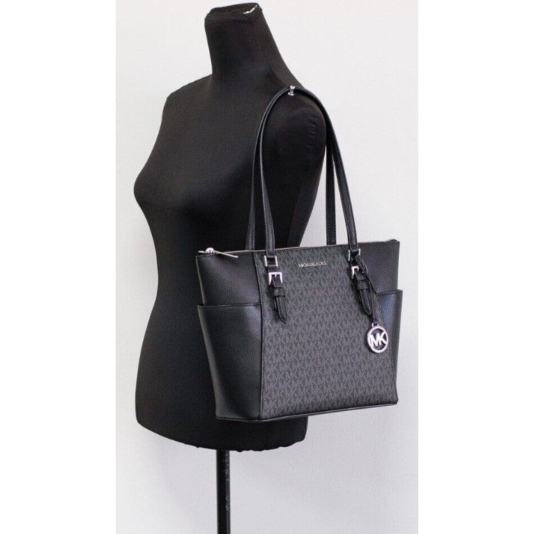 Charlotte Black PVC Leather Large Top Zip Tote Handbag Bag Purse