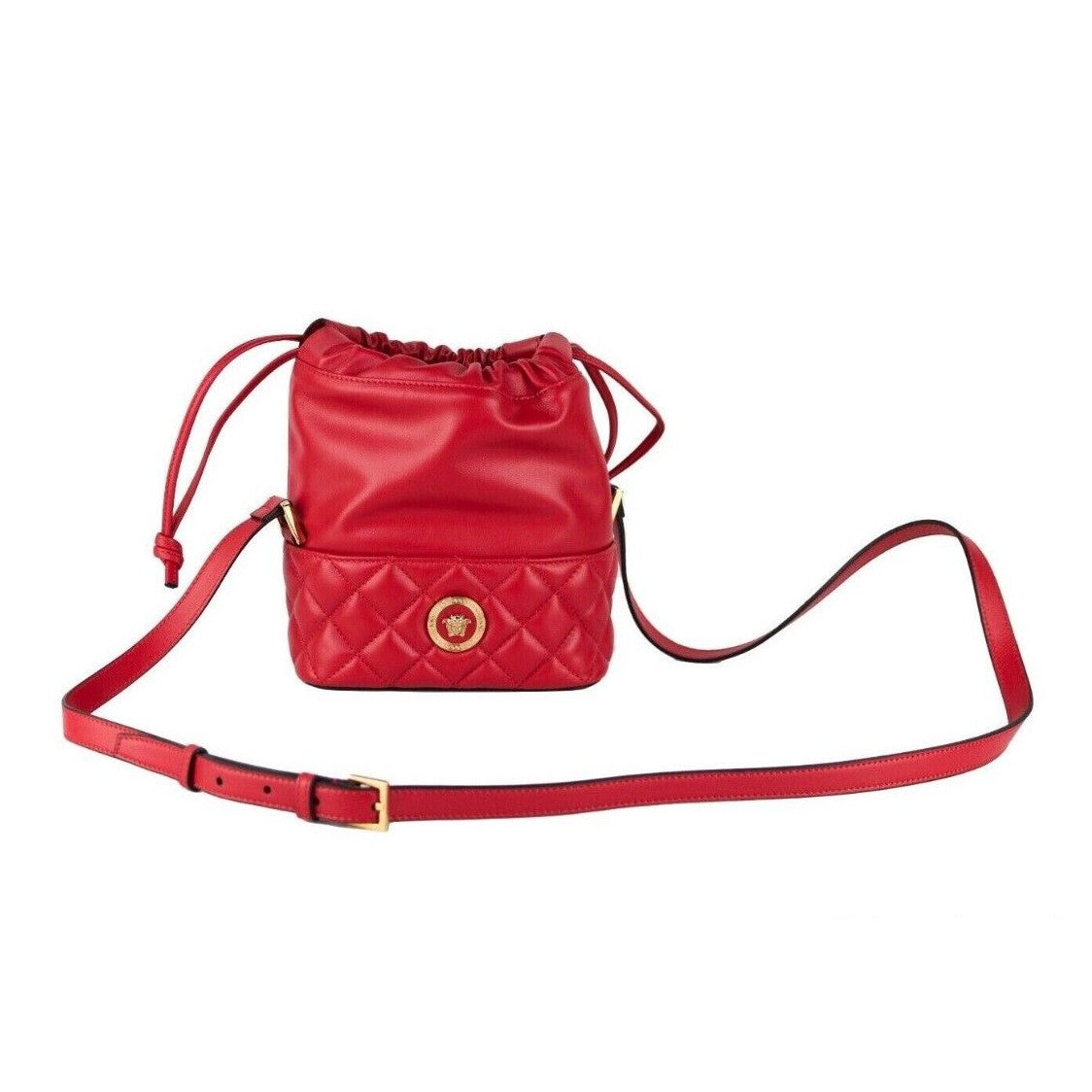 Red Quilted Leather Drawstring Shoulder Bag Bucket Crossbody Handbag