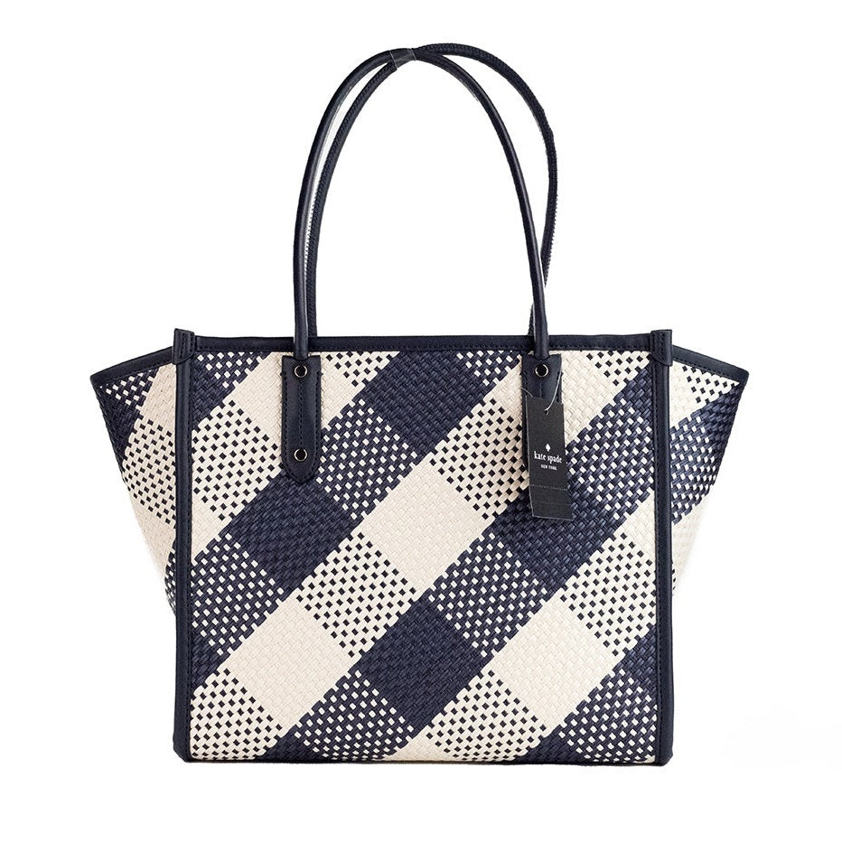 Ella Gingham Blazer Blue Oversized Woven Shoulder Tote Bag Purse