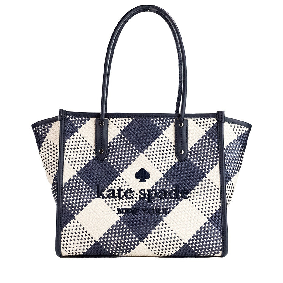 Ella Gingham Blazer Blue Oversized Woven Shoulder Tote Bag Purse