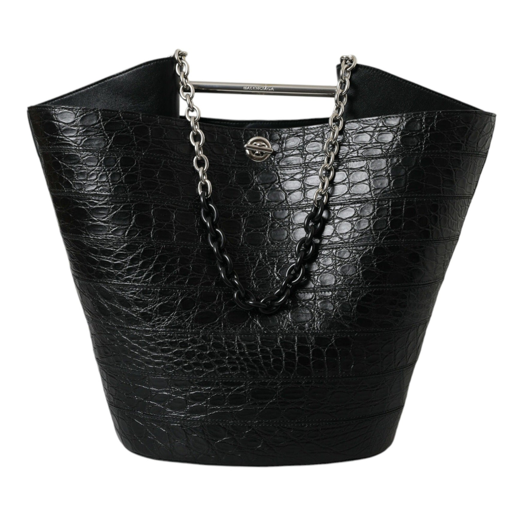 Elegant Black Crocodile Leather Maxi Bucket Bag