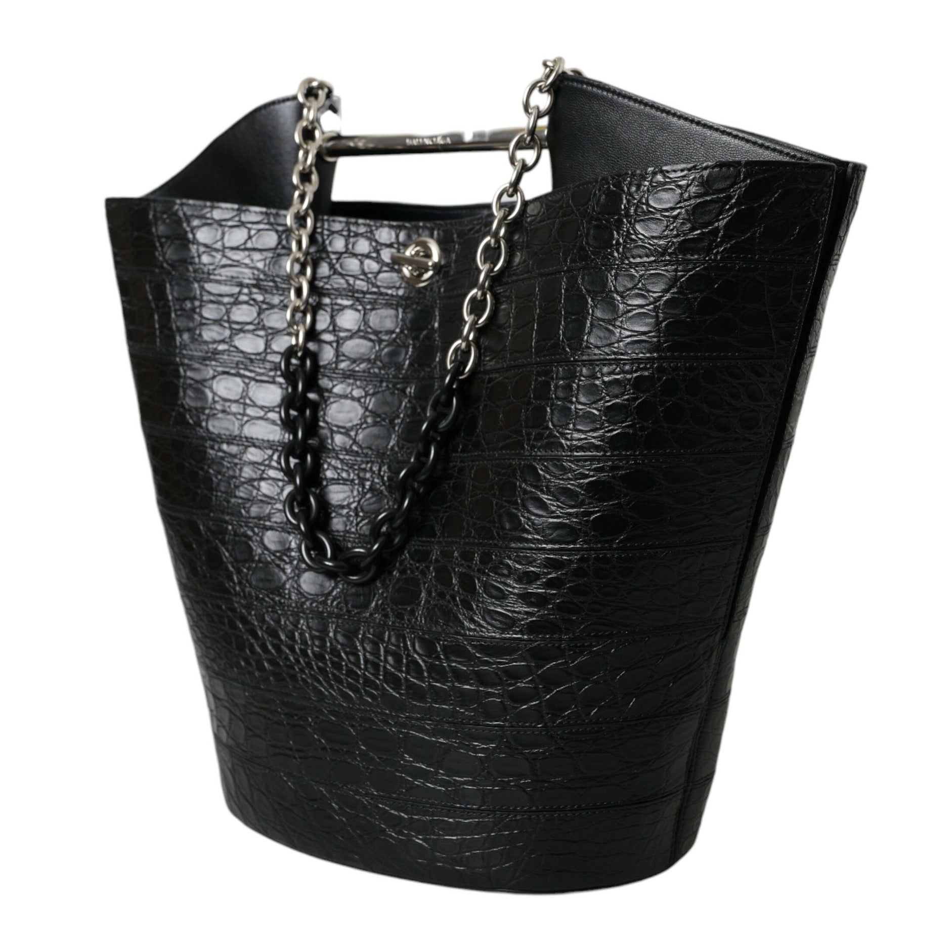 Elegant Black Crocodile Leather Maxi Bucket Bag