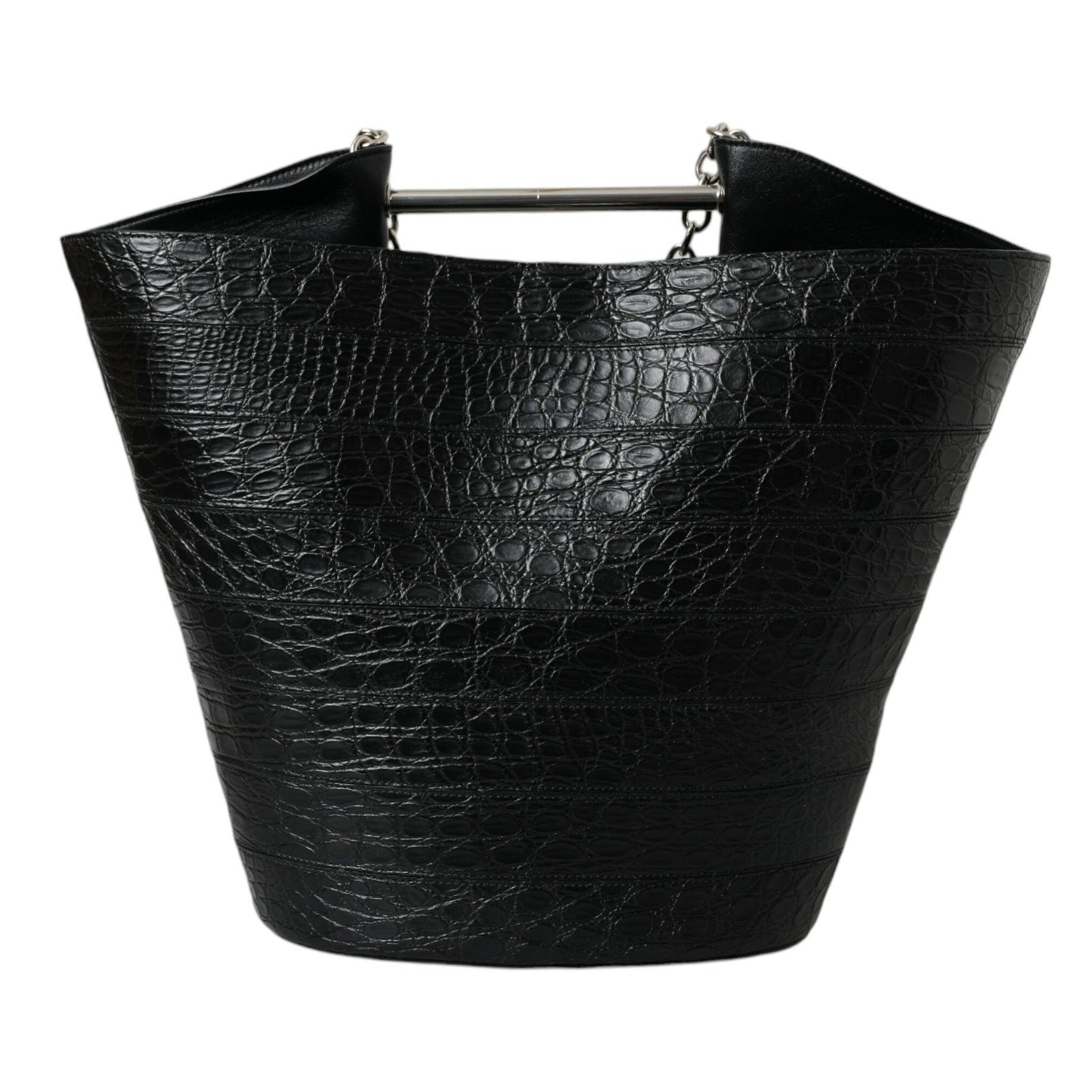 Elegant Black Crocodile Leather Maxi Bucket Bag