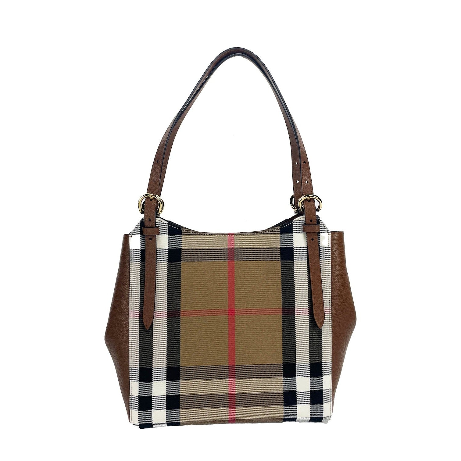 Small Canterby Tan Leather Check Canvas Tote Bag Purse