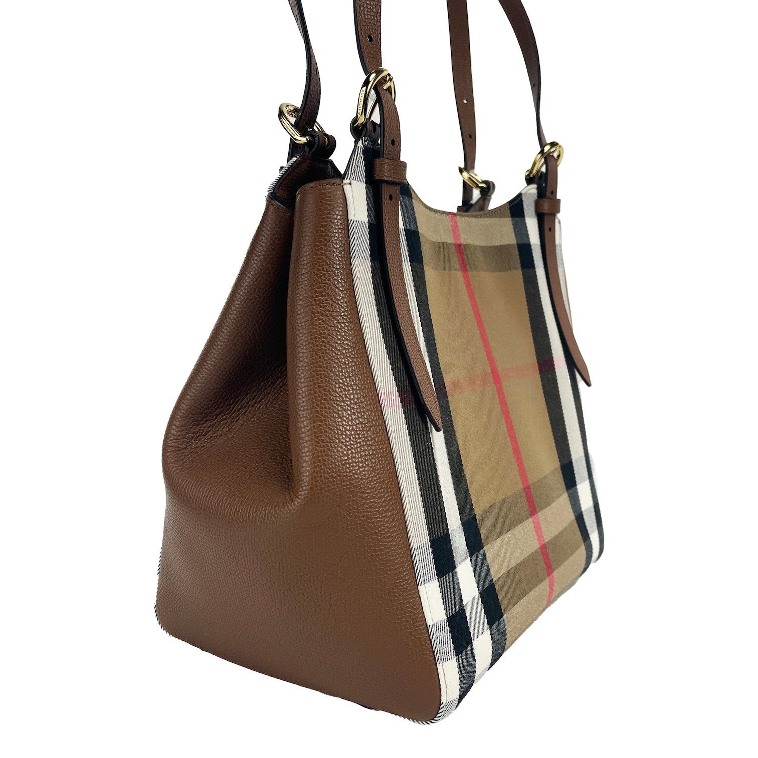 Small Canterby Tan Leather Check Canvas Tote Bag Purse