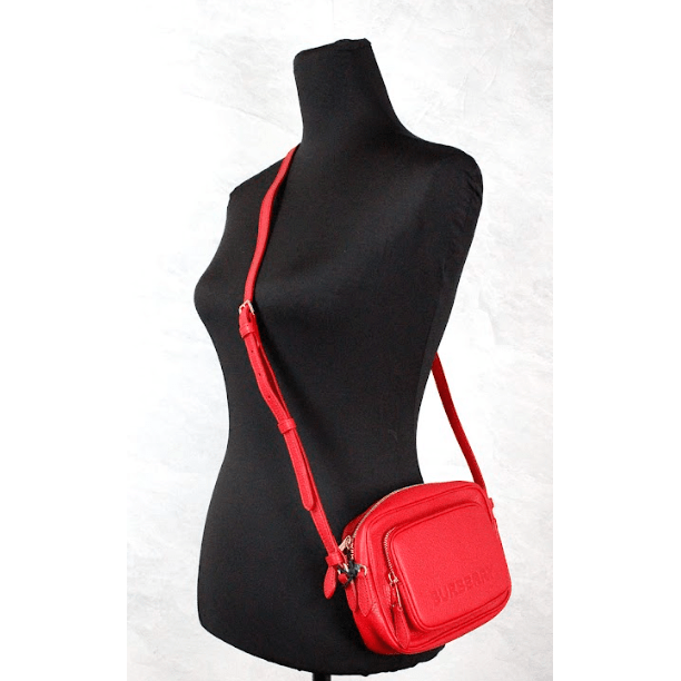 Small Branded Bright Red Grainy Leather Camera Crossbody Bag