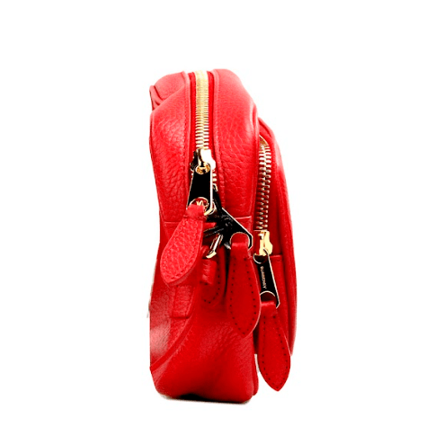 Small Branded Bright Red Grainy Leather Camera Crossbody Bag