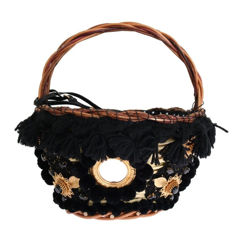 Chic Beige & Black Straw Snakeskin Bucket Bag