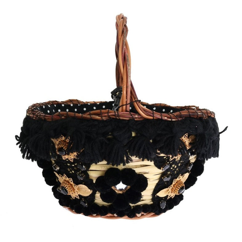 Chic Beige & Black Straw Snakeskin Bucket Bag