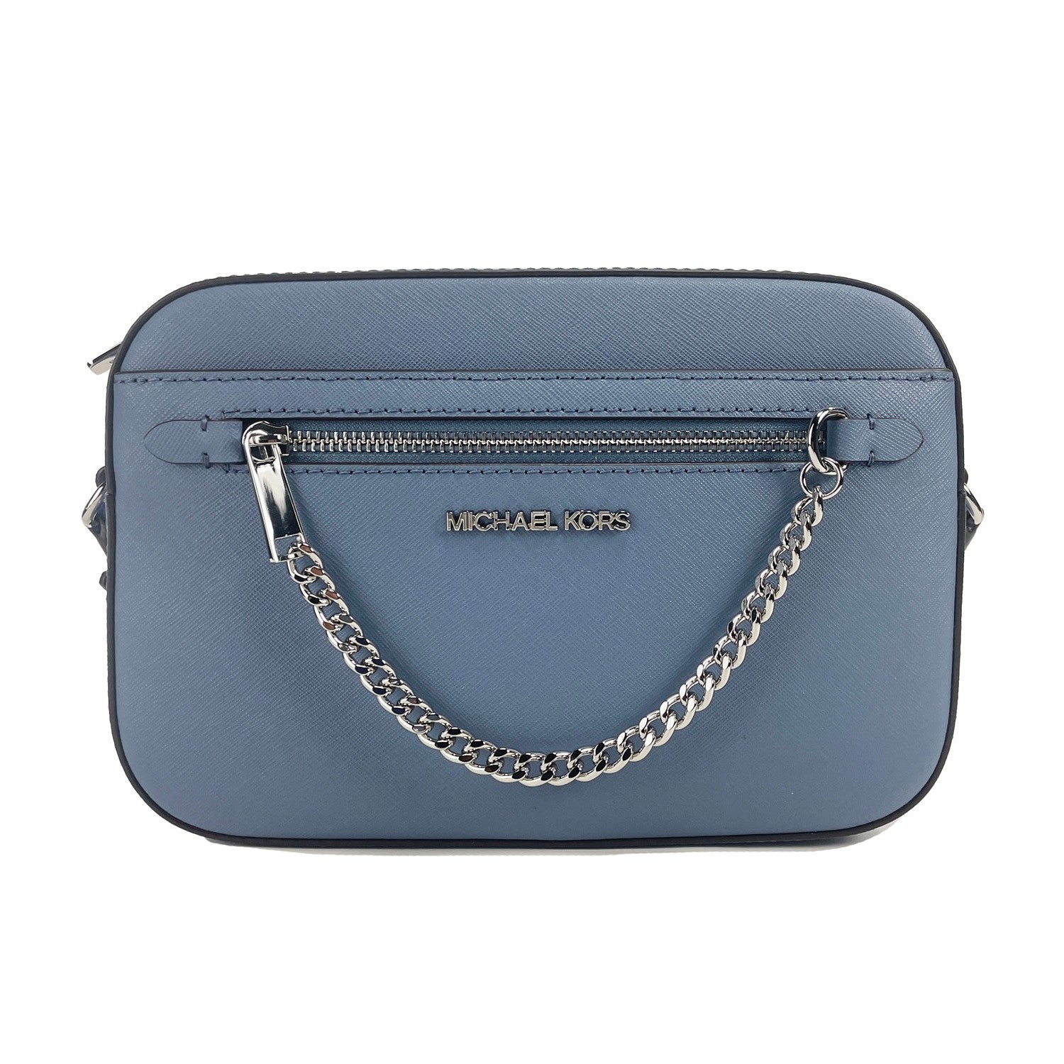 Jet Set East West Large Denim Leather Zip Chain Crossbody Bag