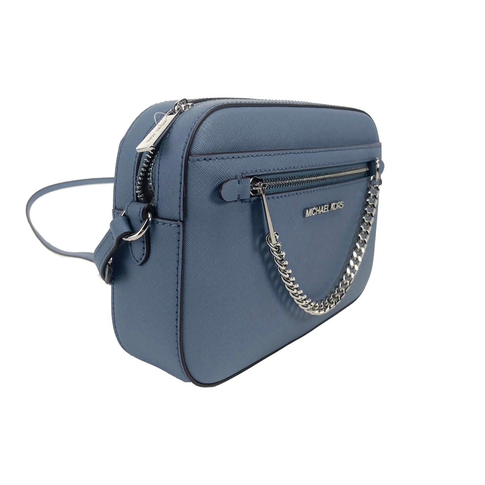 Jet Set East West Large Denim Leather Zip Chain Crossbody Bag