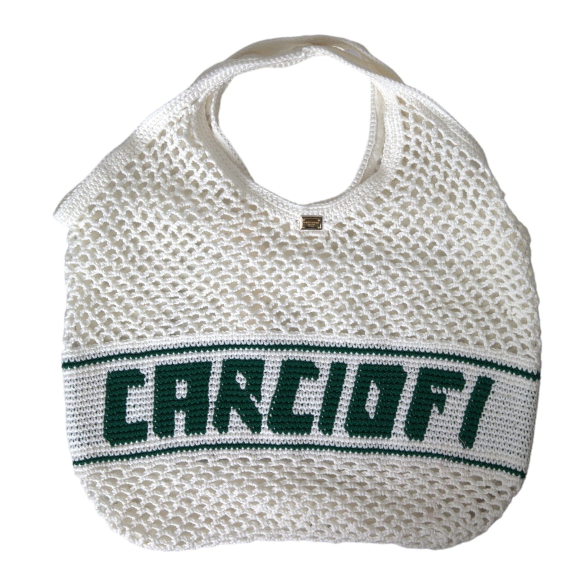 White Green Knitted Cotton Logo Shopping Tote Bag