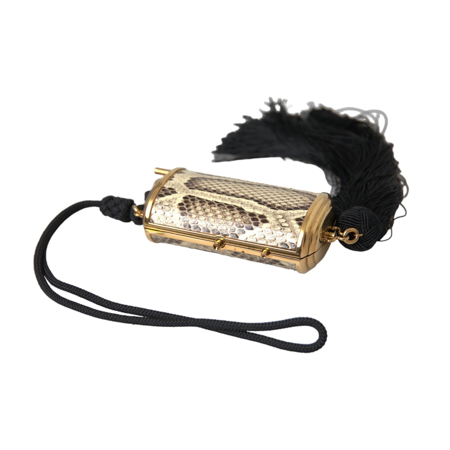 Beige Exotic Leather Mini Mirror Tassel Make Up Holder Bag