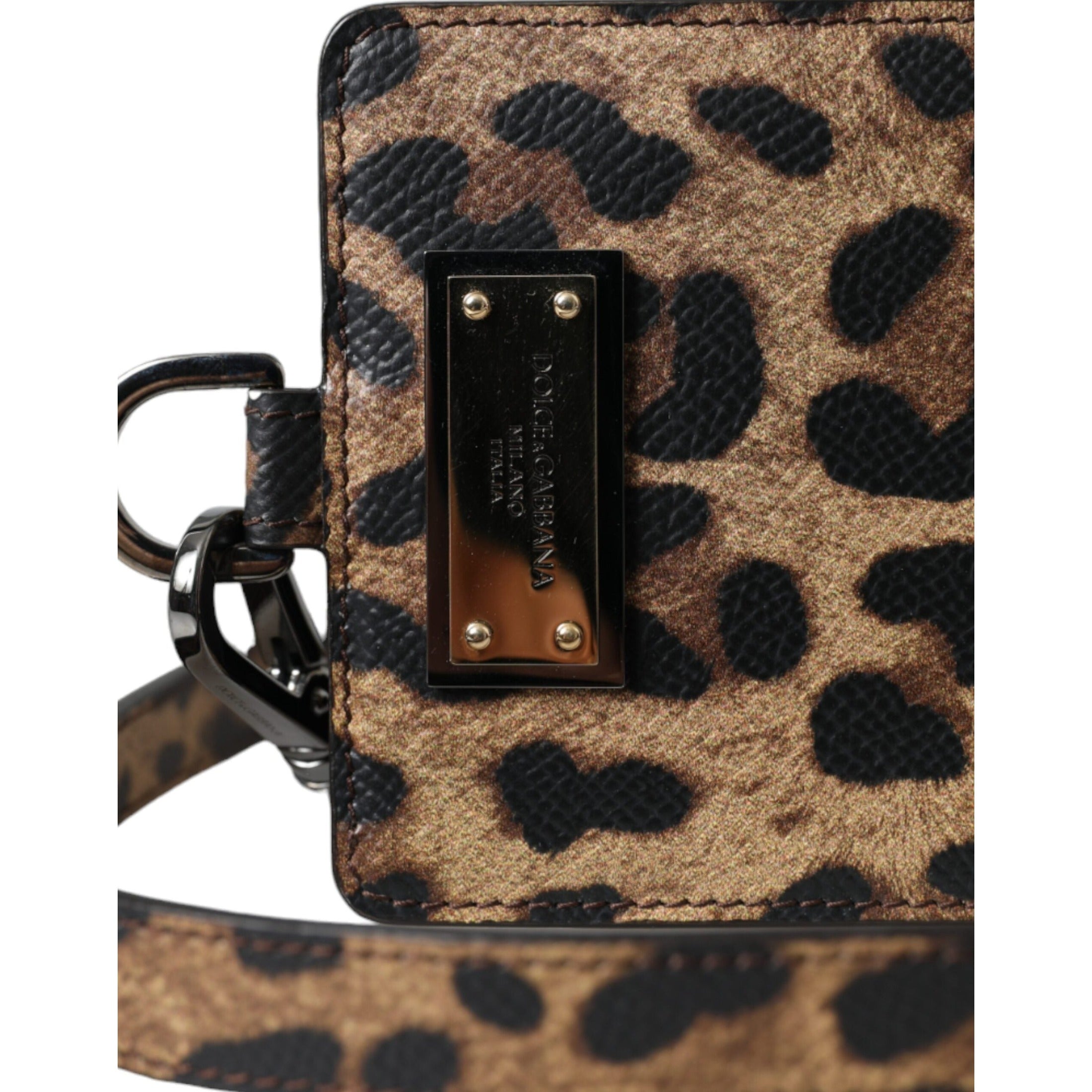 Brown Leather Leopard Print Logo Plaque Cardholder Wallet