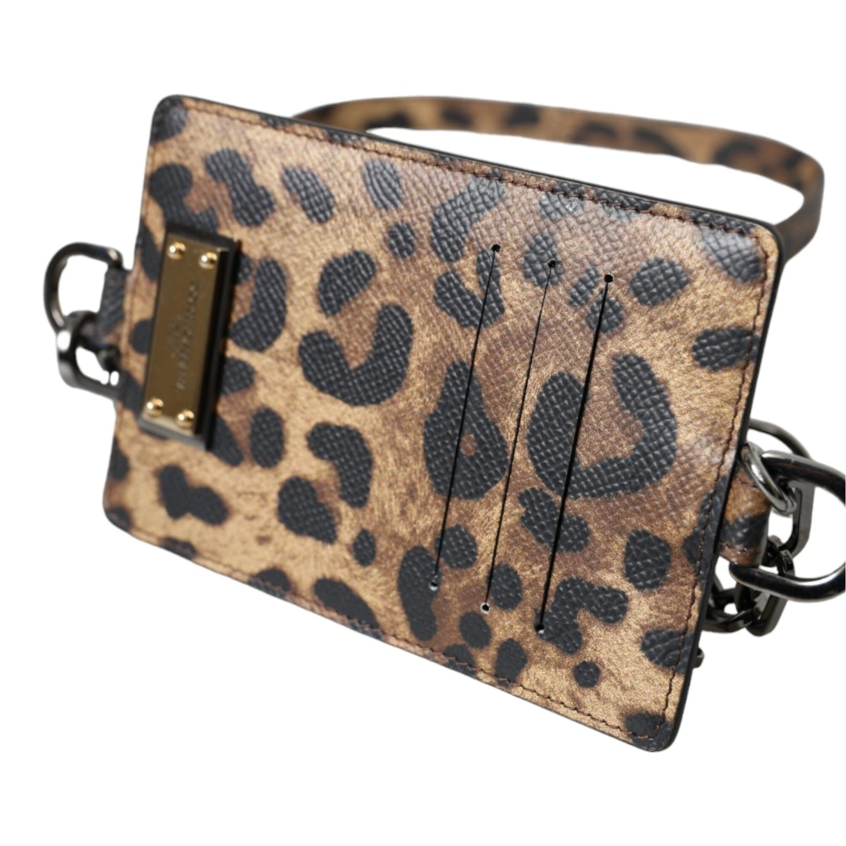 Brown Leather Leopard Print Logo Plaque Cardholder Wallet