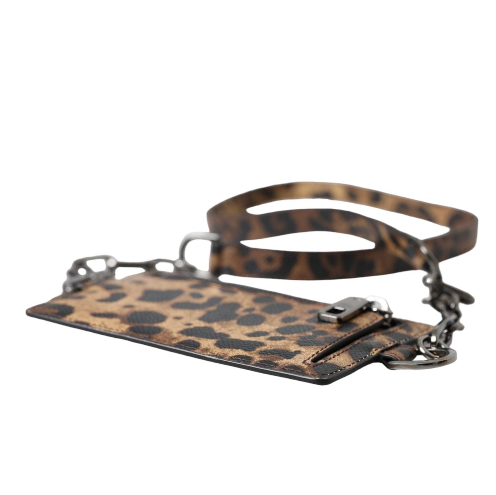 Brown Leather Leopard Print Logo Plaque Cardholder Wallet