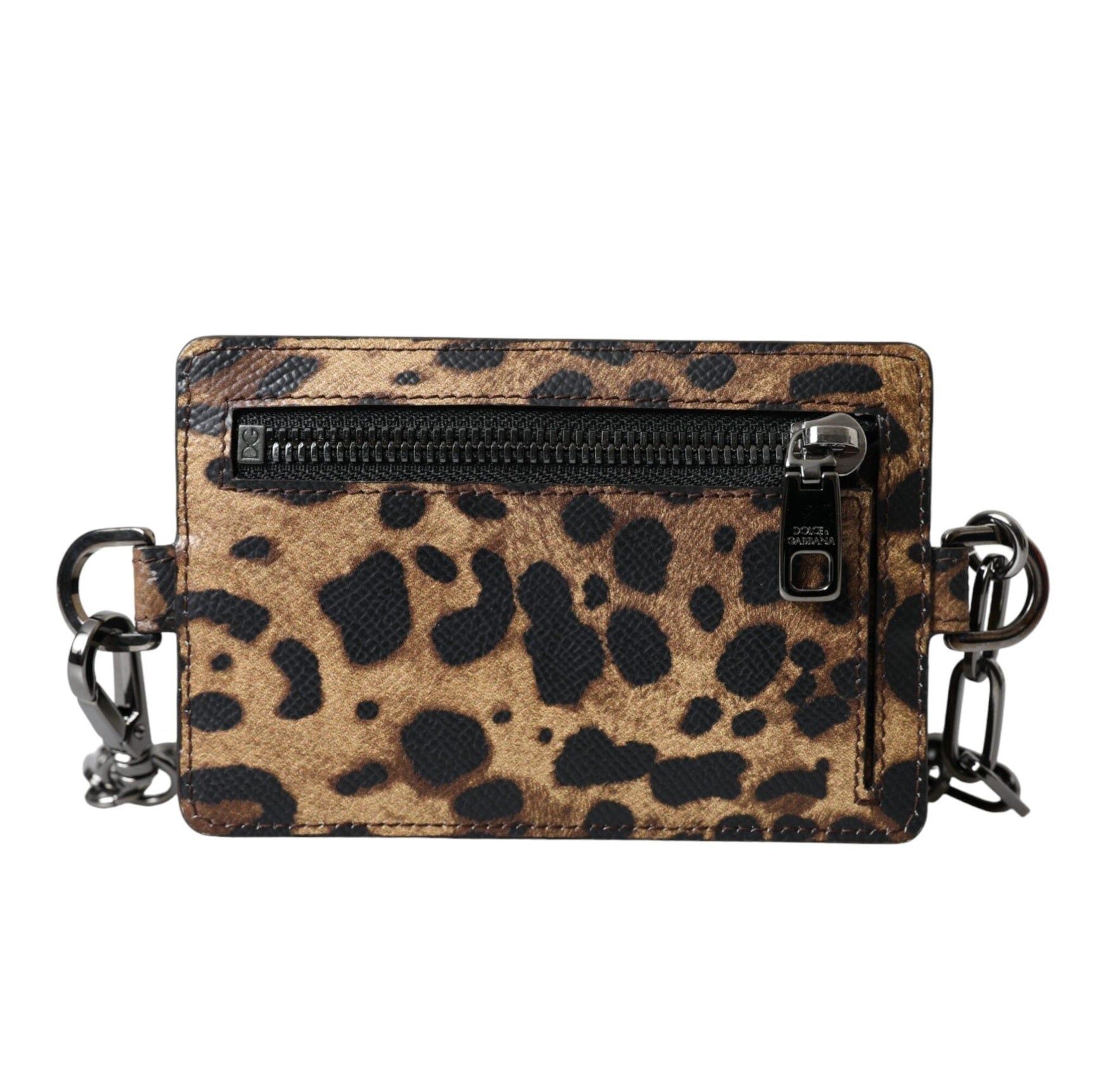 Brown Leather Leopard Print Logo Plaque Cardholder Wallet