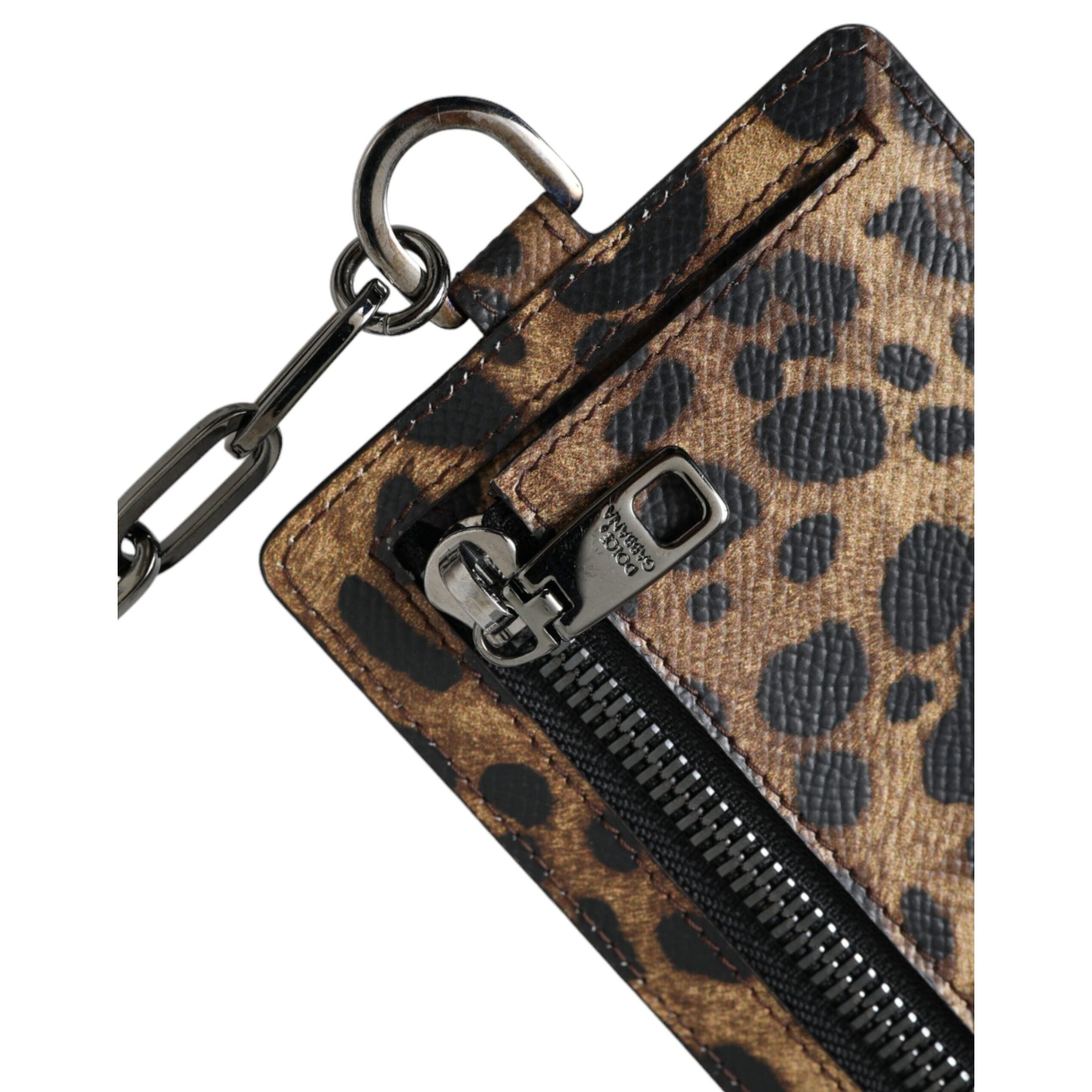 Brown Leather Leopard Print Logo Plaque Cardholder Wallet