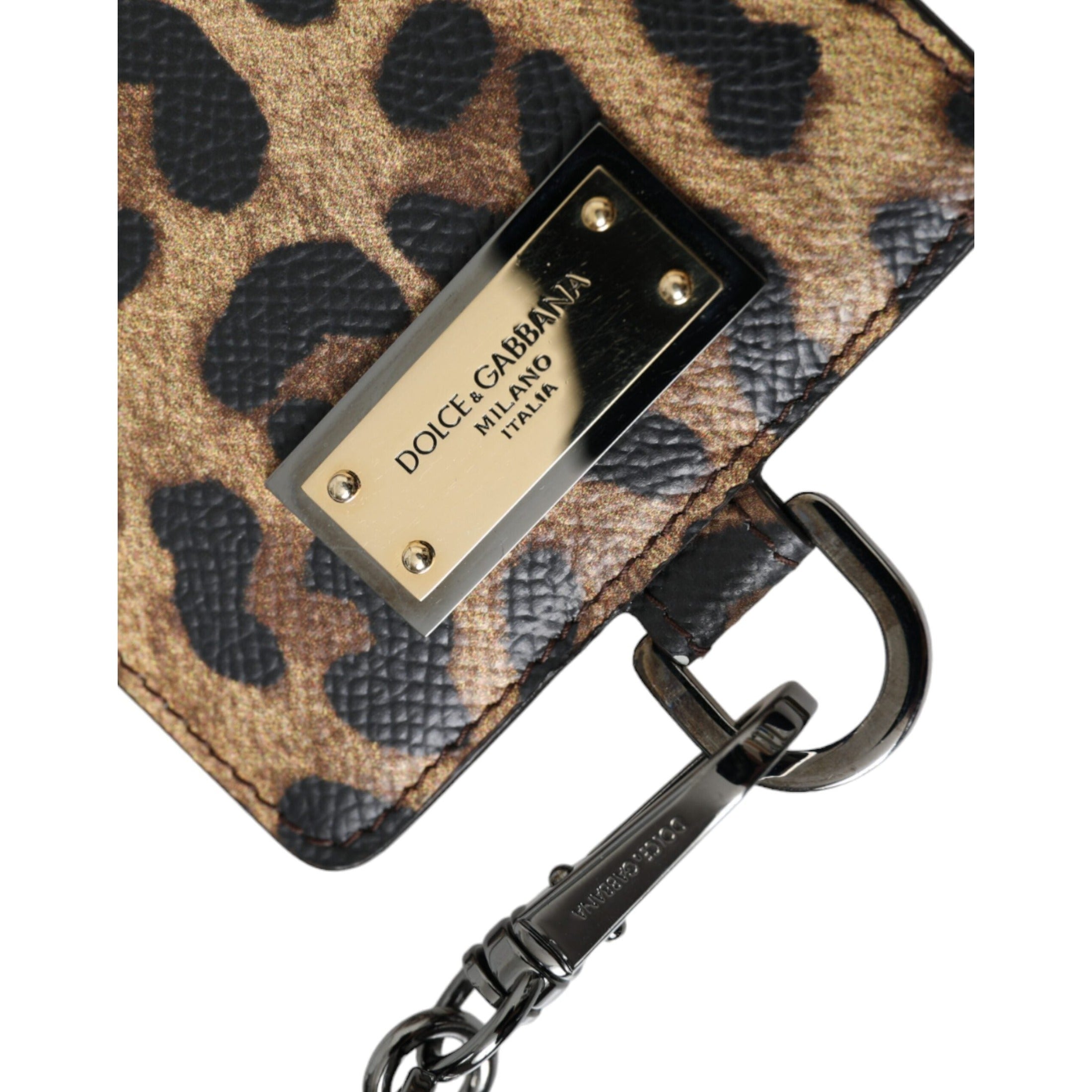 Brown Leather Leopard Print Logo Plaque Cardholder Wallet