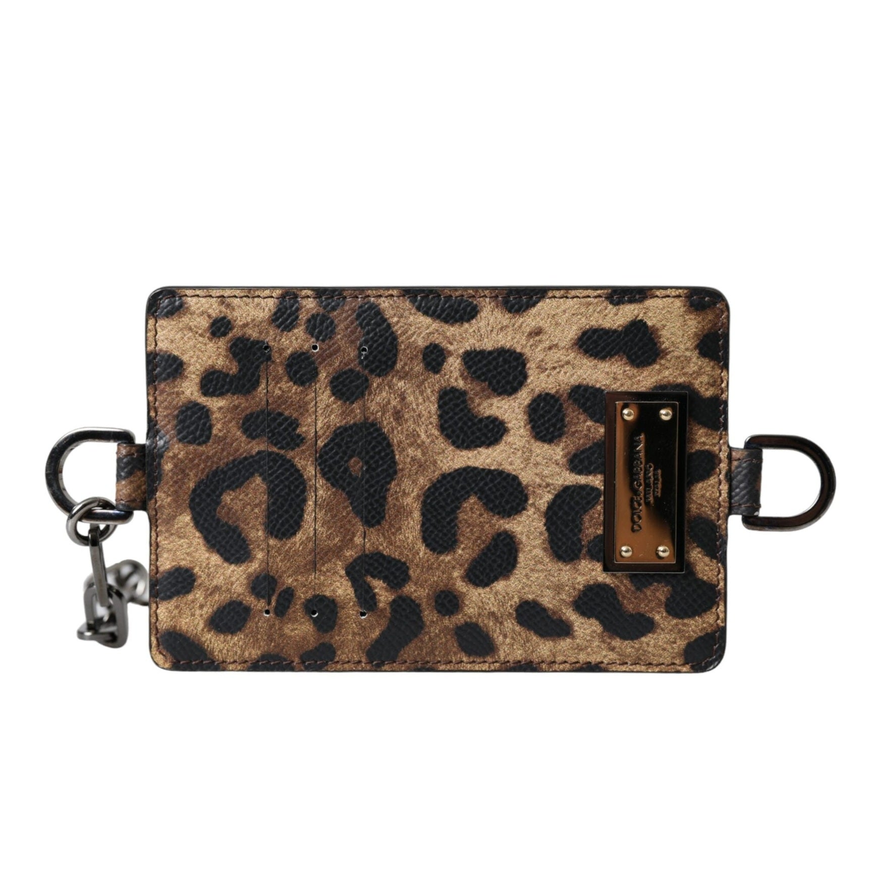 Brown Leather Leopard Print Logo Plaque Cardholder Wallet