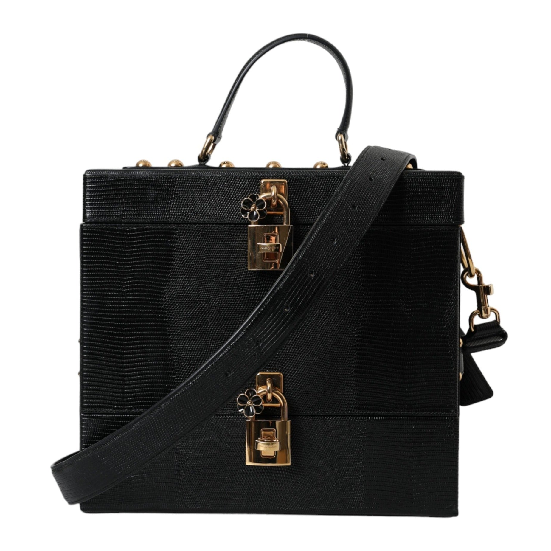 Black Lizard Embossed Calfskin Leather Double Box Bag