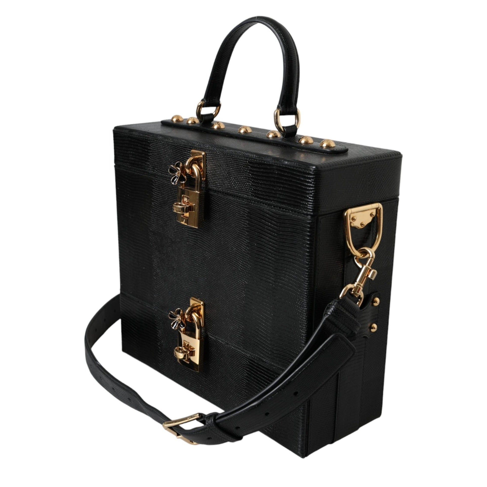 Black Lizard Embossed Calfskin Leather Double Box Bag