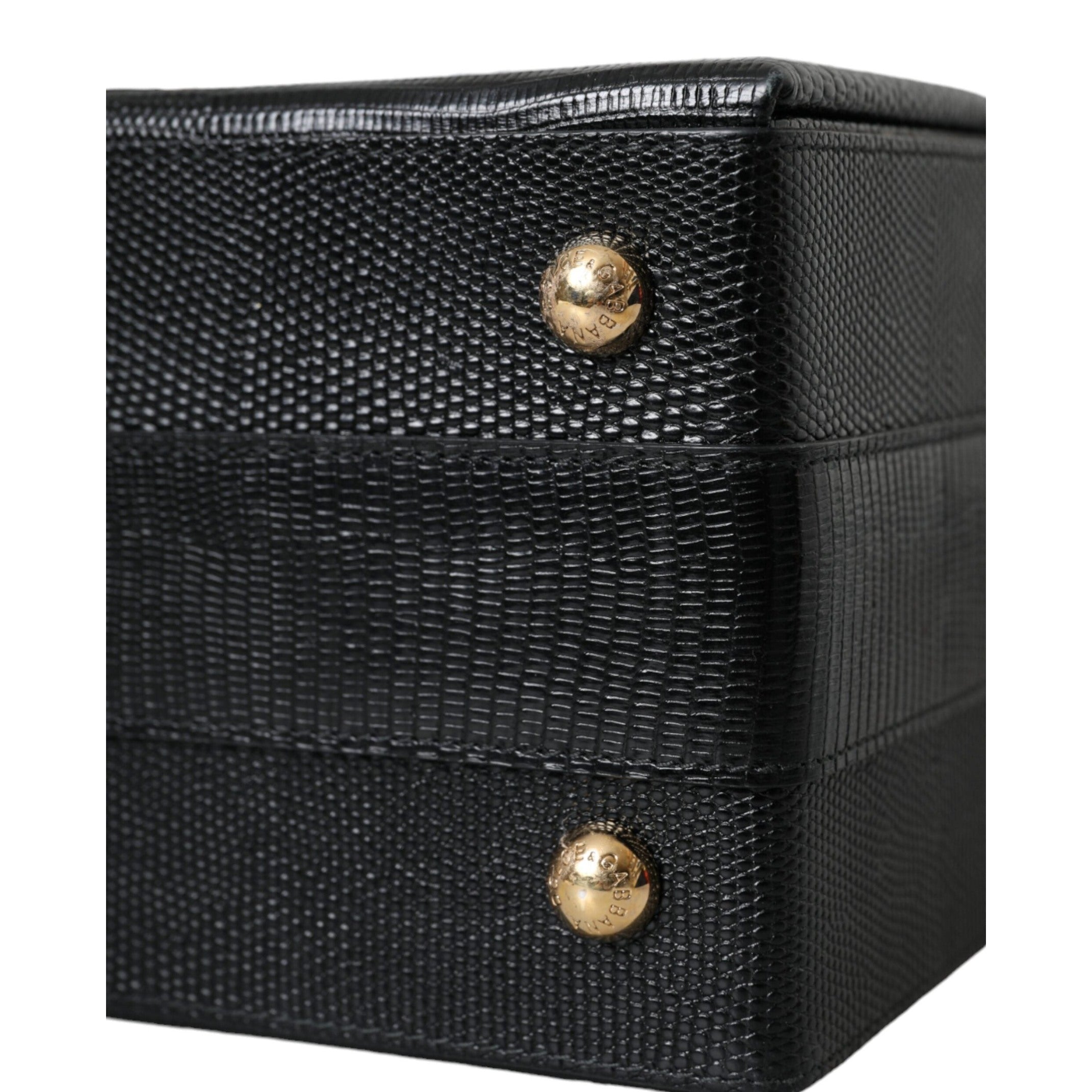 Black Lizard Embossed Calfskin Leather Double Box Bag