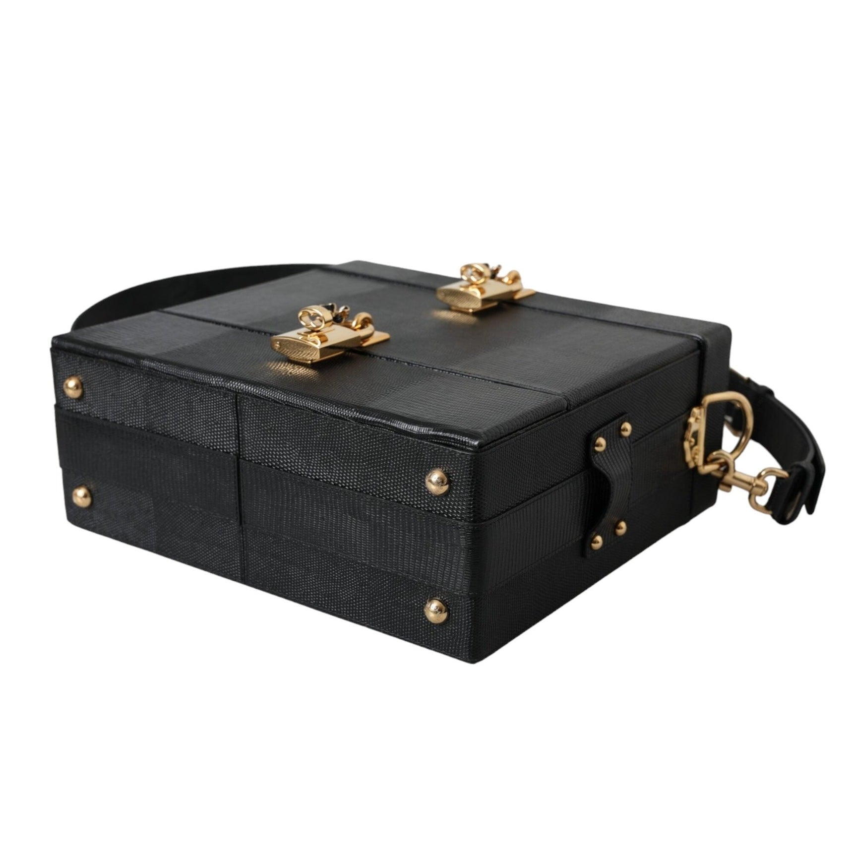 Black Lizard Embossed Calfskin Leather Double Box Bag