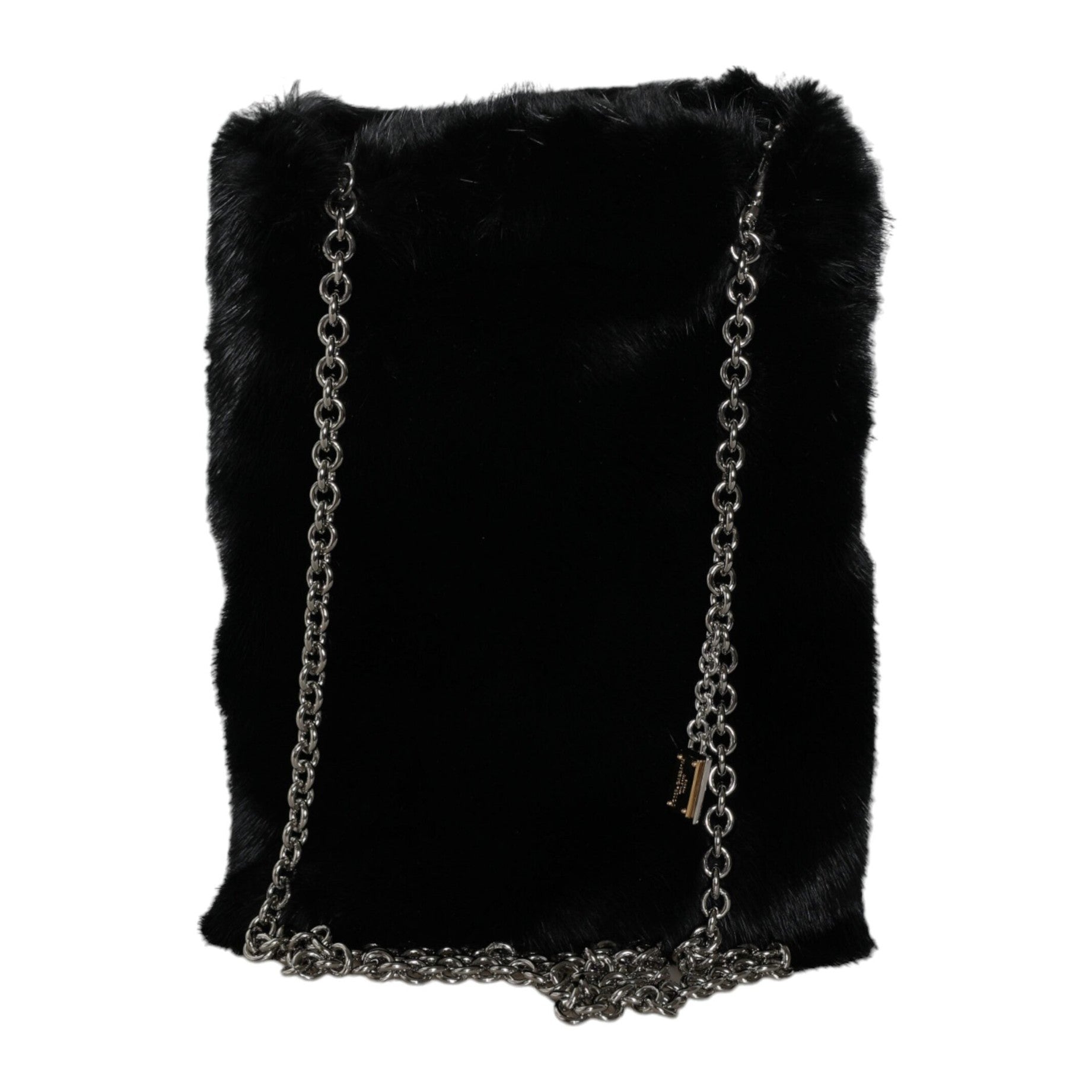 Black Faux Fur Silver Chain Crossbody Shoulder Purse Bag