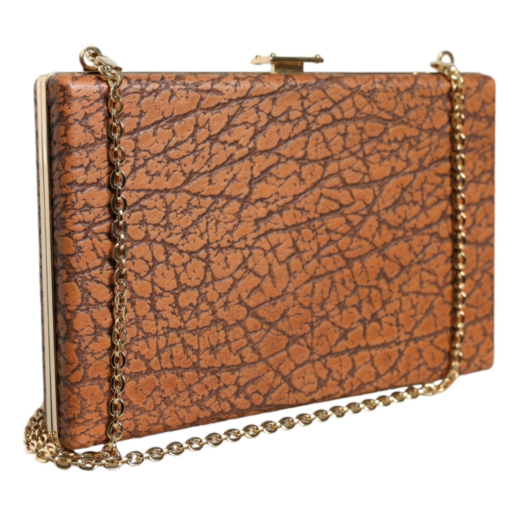 Brown Leather Gold Frame Clutch Mini Crossbody Bag