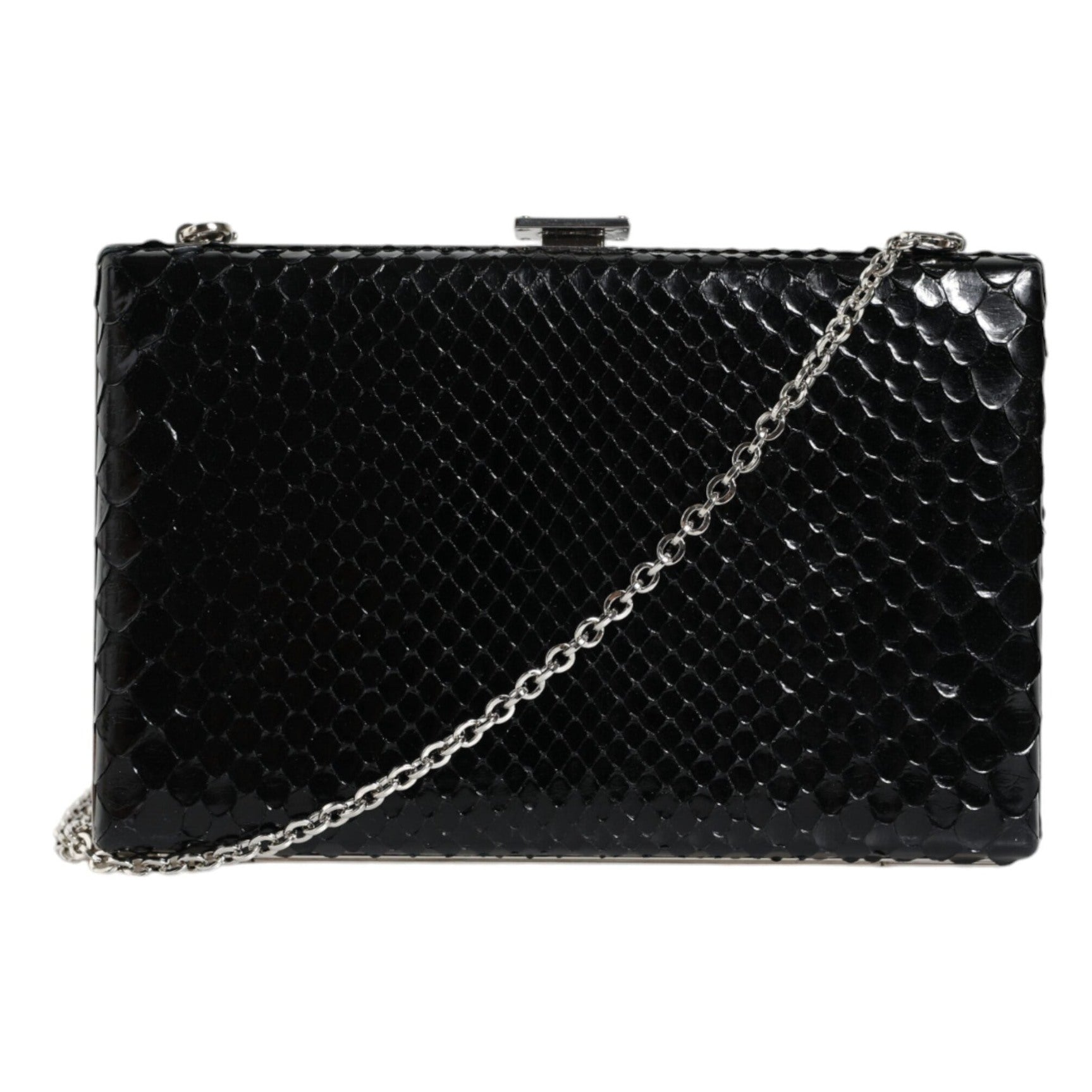 Black Leather Silver Frame Clutch Mini Crossbody Bag