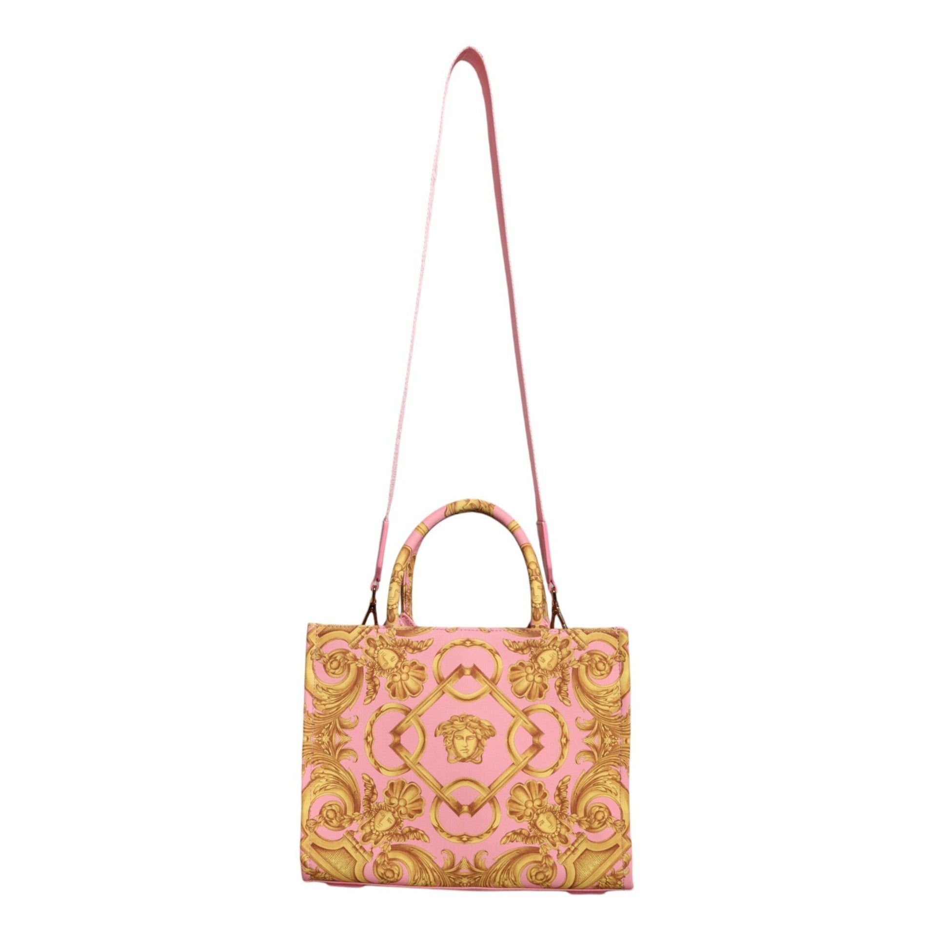 Pink Yellow Baroque Fabric Leather Shopping Tote Bag