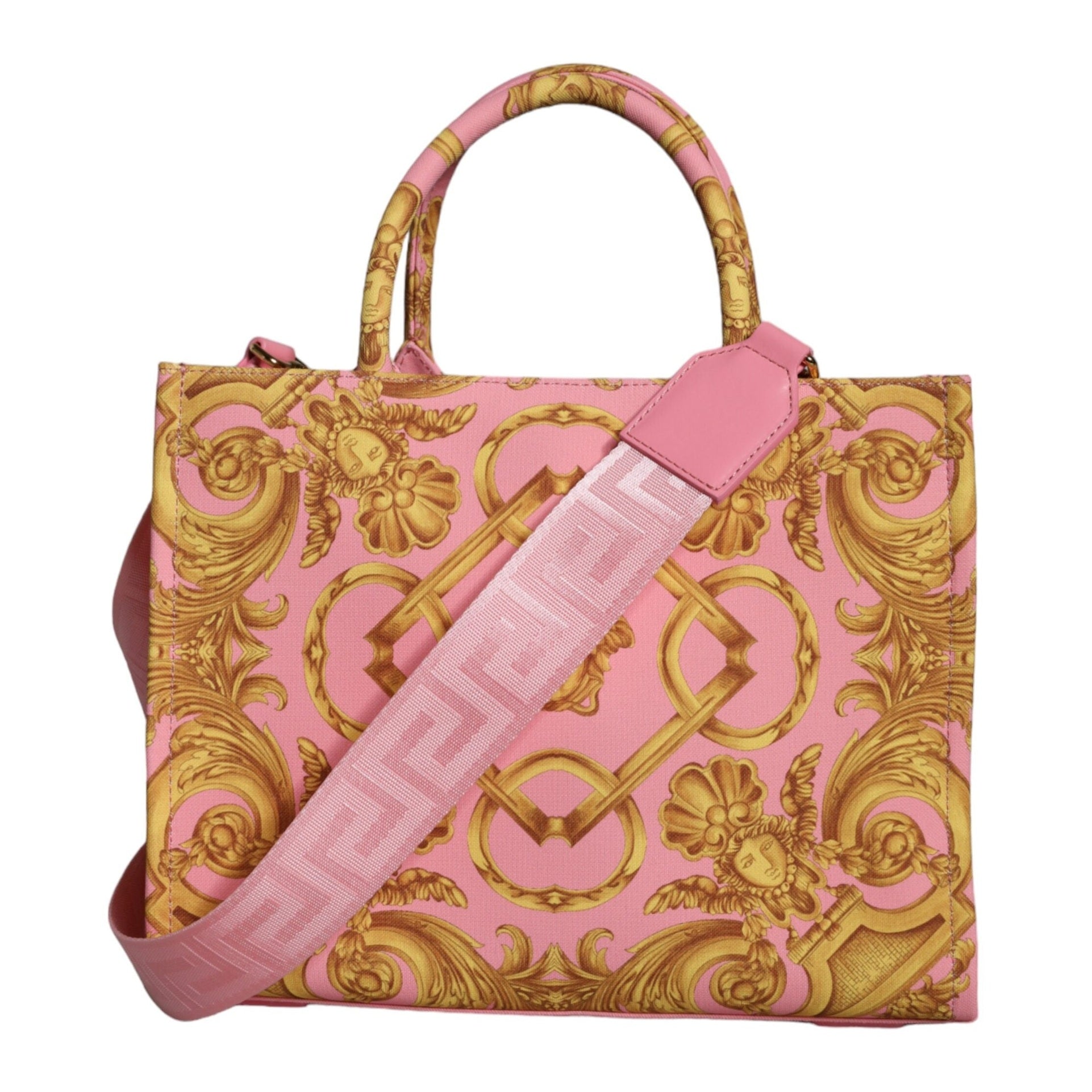 Pink Yellow Baroque Fabric Leather Shopping Tote Bag