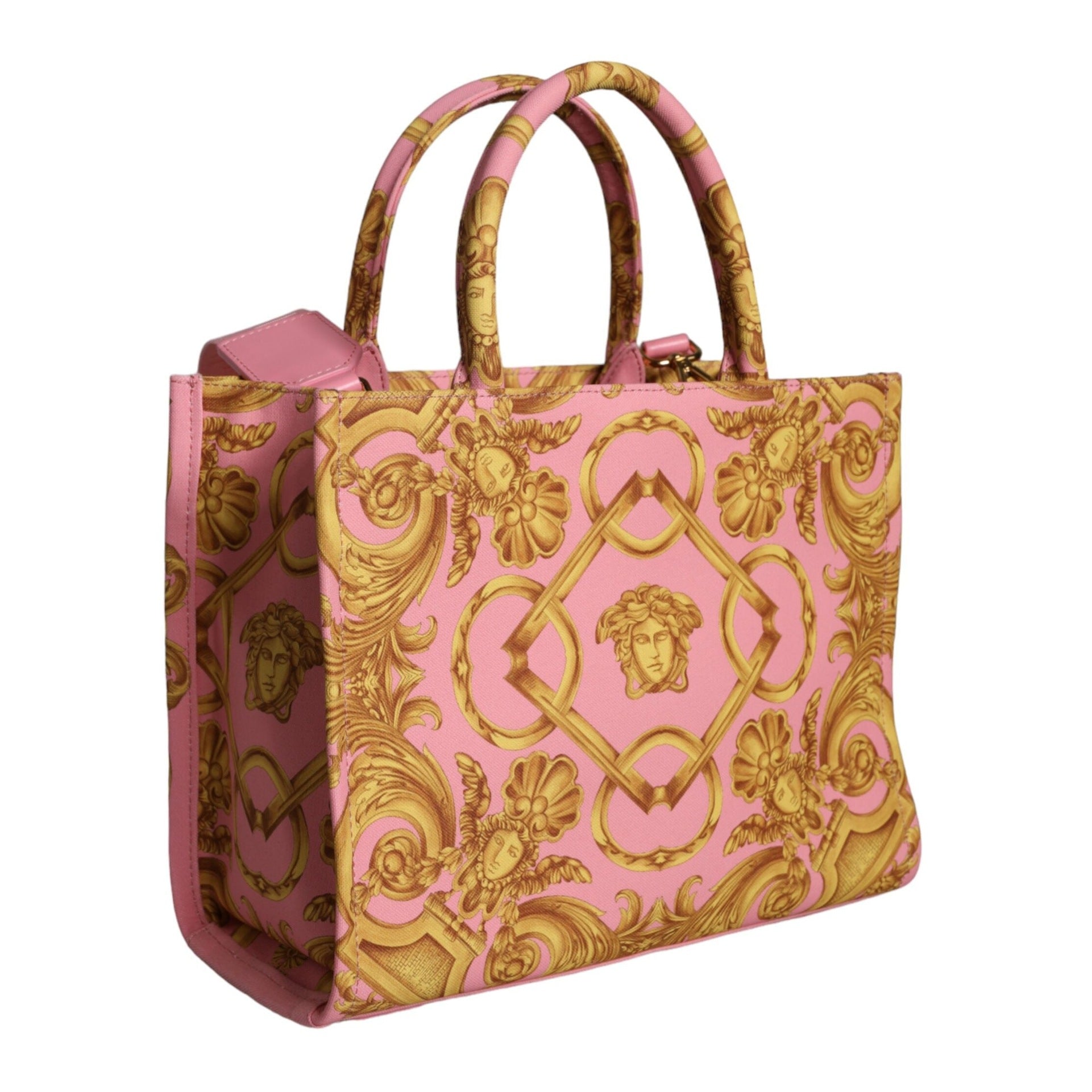 Pink Yellow Baroque Fabric Leather Shopping Tote Bag