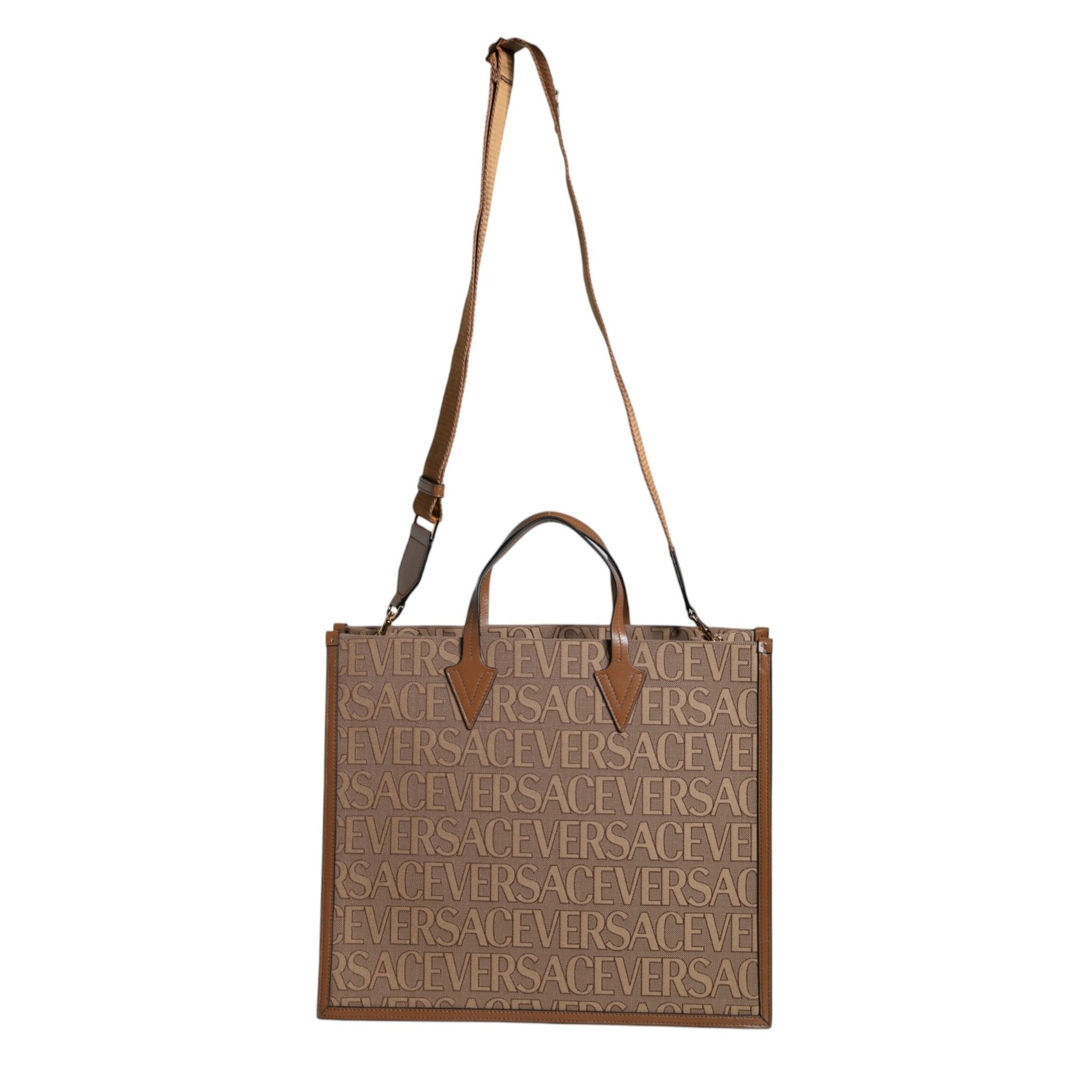 Brown Top Handle Jacquard Leather Logo Crossbody Tote Bag