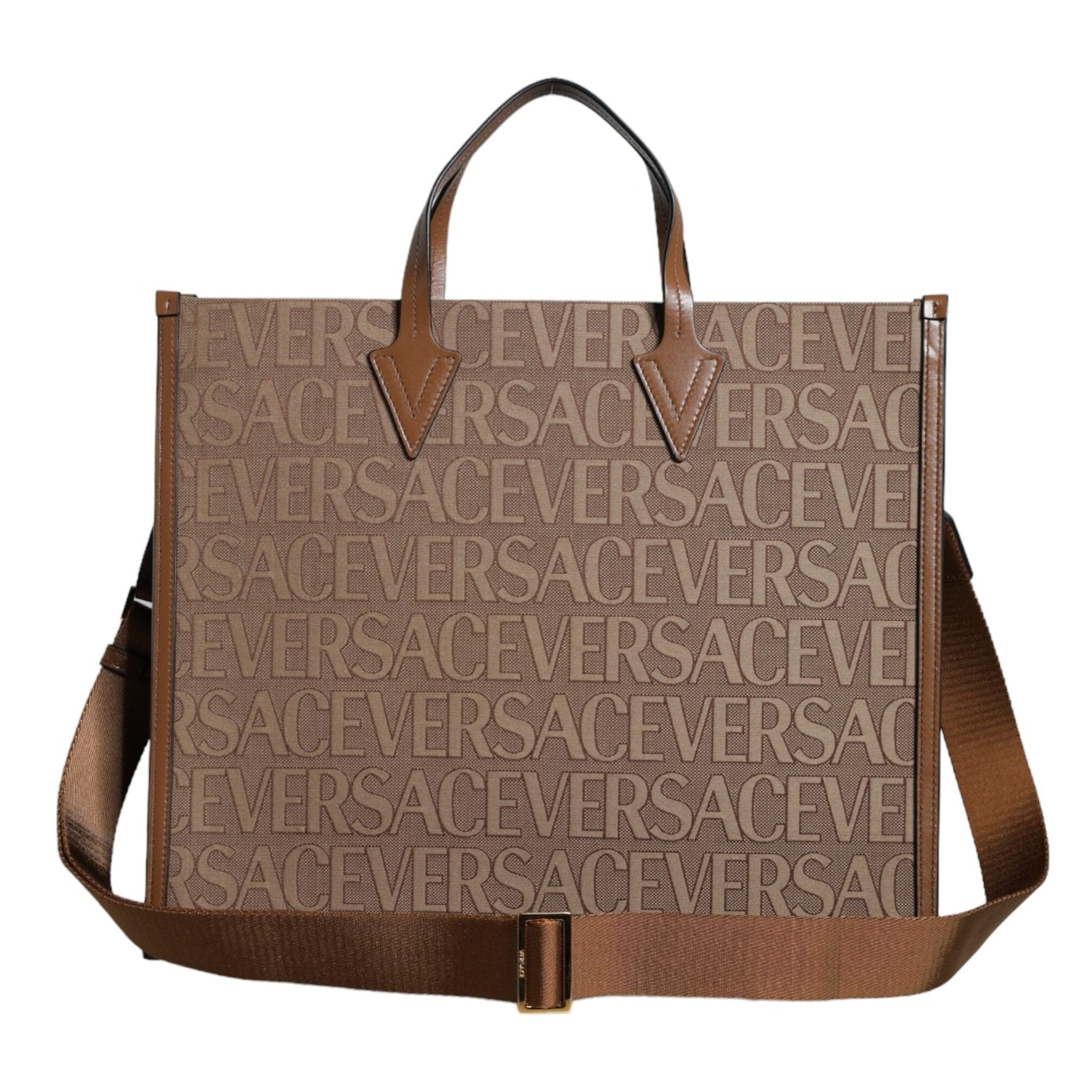 Brown Top Handle Jacquard Leather Logo Crossbody Tote Bag