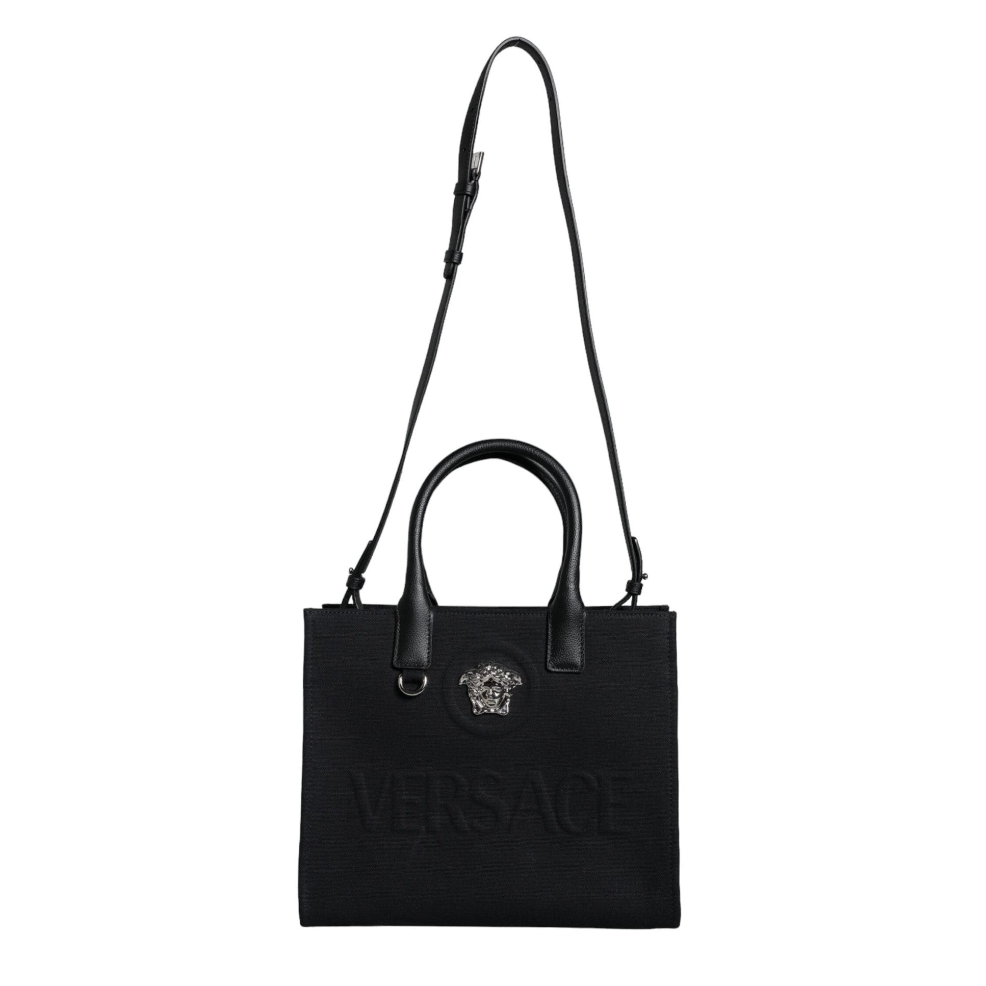 Black Top Handle Canvas Leather Logo Crossbody Tote Bag