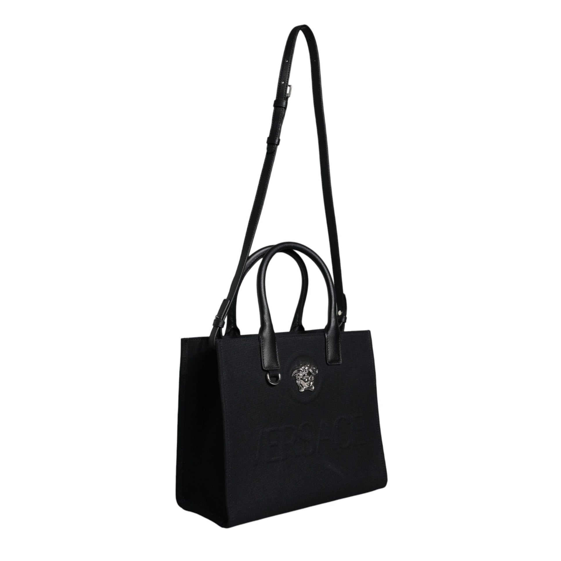 Black Top Handle Canvas Leather Logo Crossbody Tote Bag