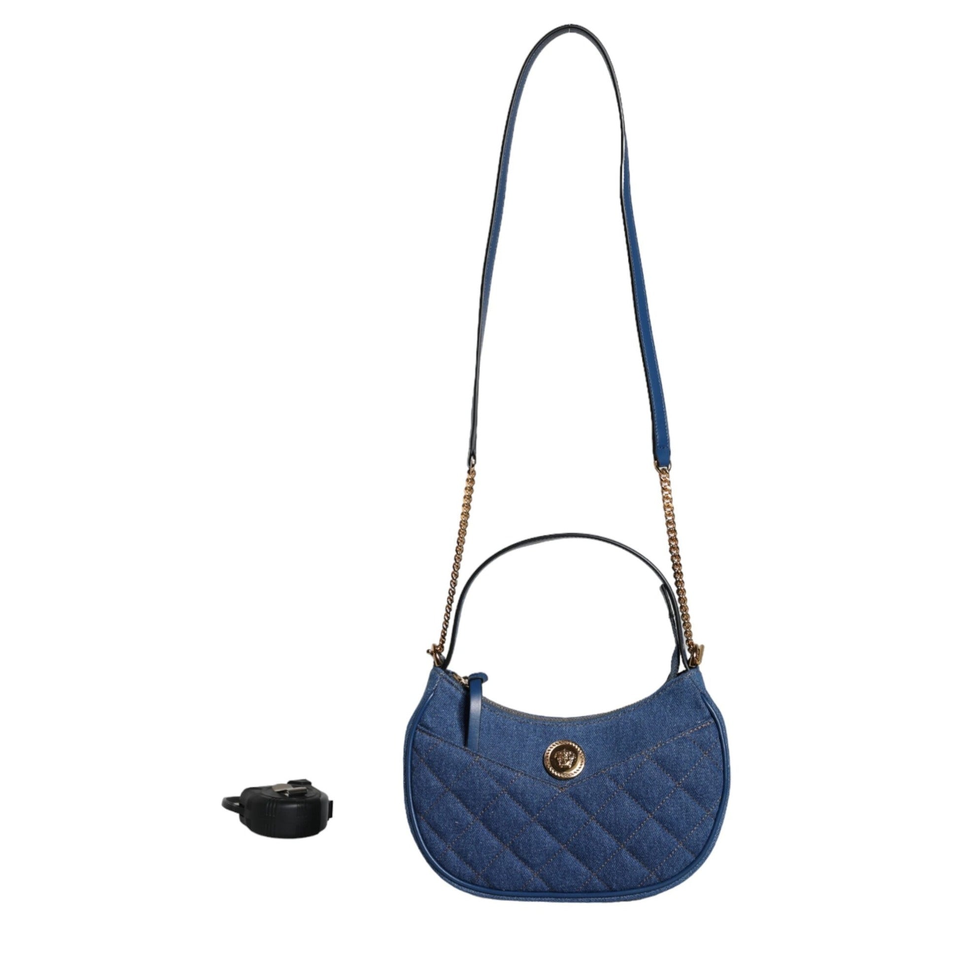 Blue Quilted Denim Leather Top Handle Shoulder Bag