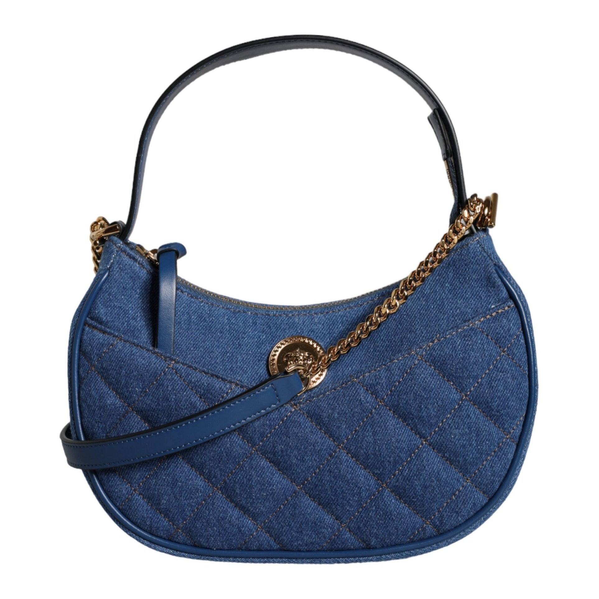 Blue Quilted Denim Leather Top Handle Shoulder Bag