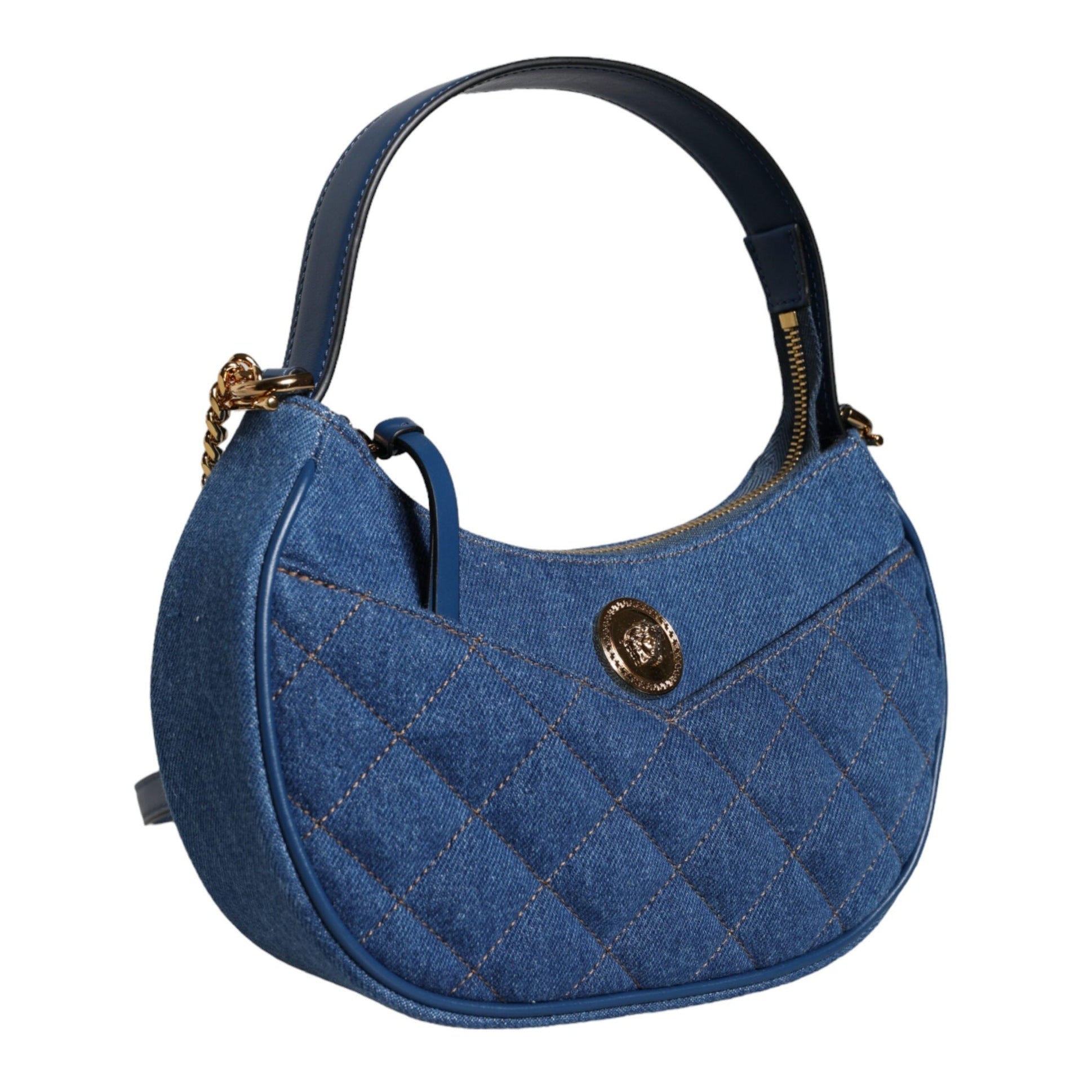 Blue Quilted Denim Leather Top Handle Shoulder Bag