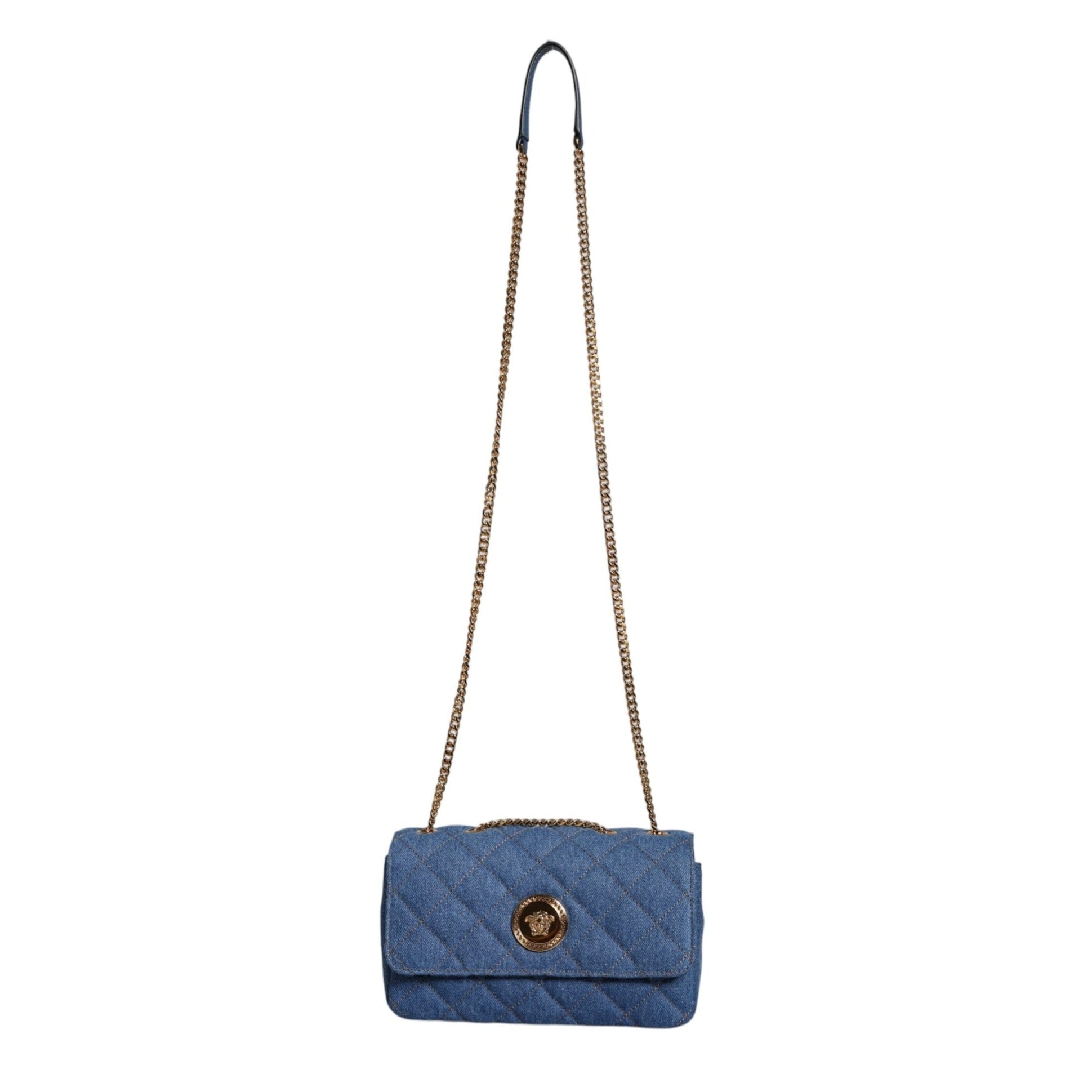 Blue Quilted Denim Leather Crossbody Shoulder Bag