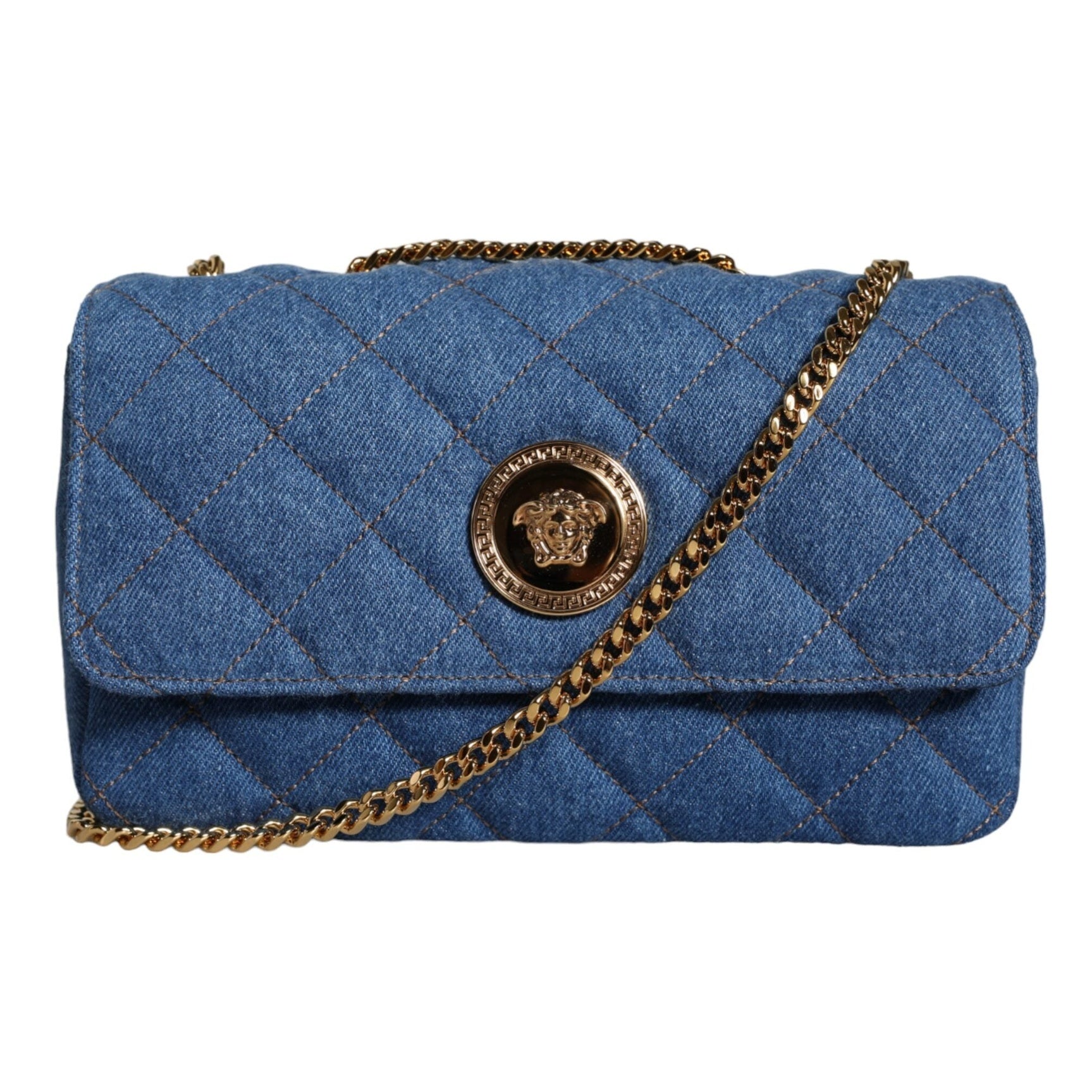 Blue Quilted Denim Leather Crossbody Shoulder Bag