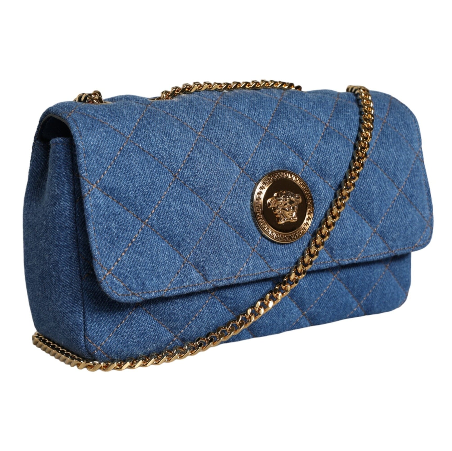 Blue Quilted Denim Leather Crossbody Shoulder Bag