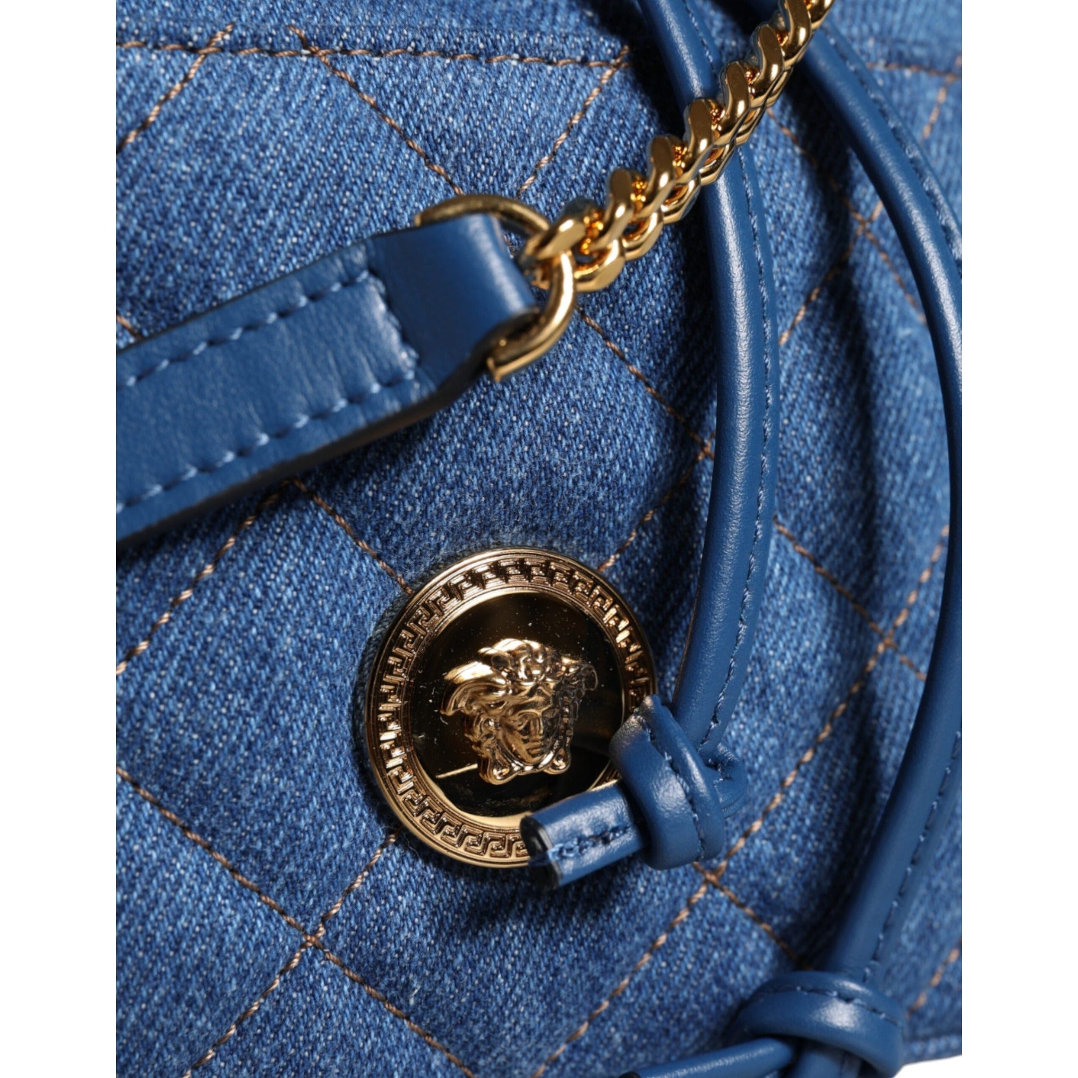 Blue Quilted Denim Leather Crossbody Shoulder Bag